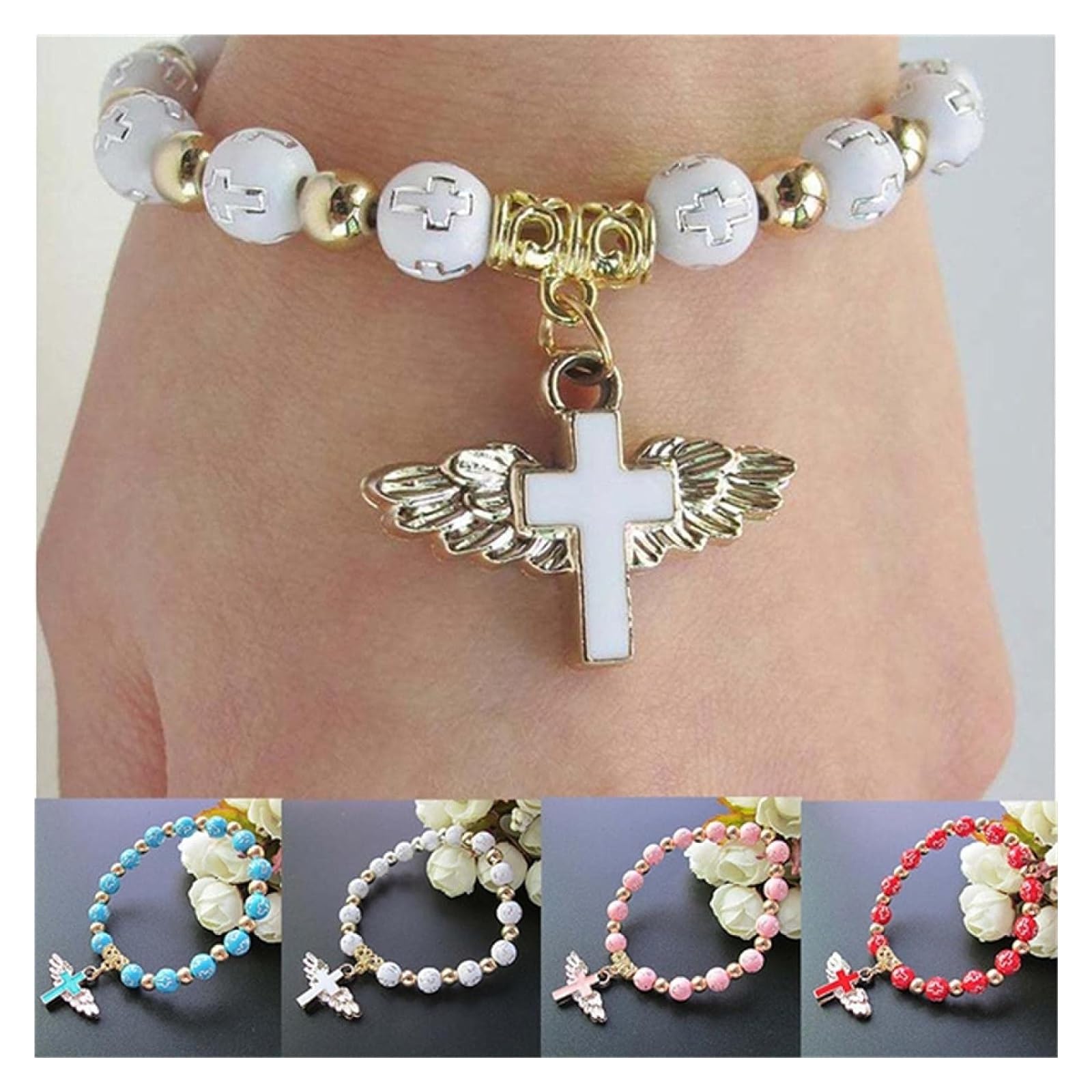 Bracciali Bracciali Donna Lady Girls Gift Bracciale con Pendente a Forma di Ala d'Angelo for Uomo Catena di Perline Accessori Moda Souvenir Regali Perline(Blanc)