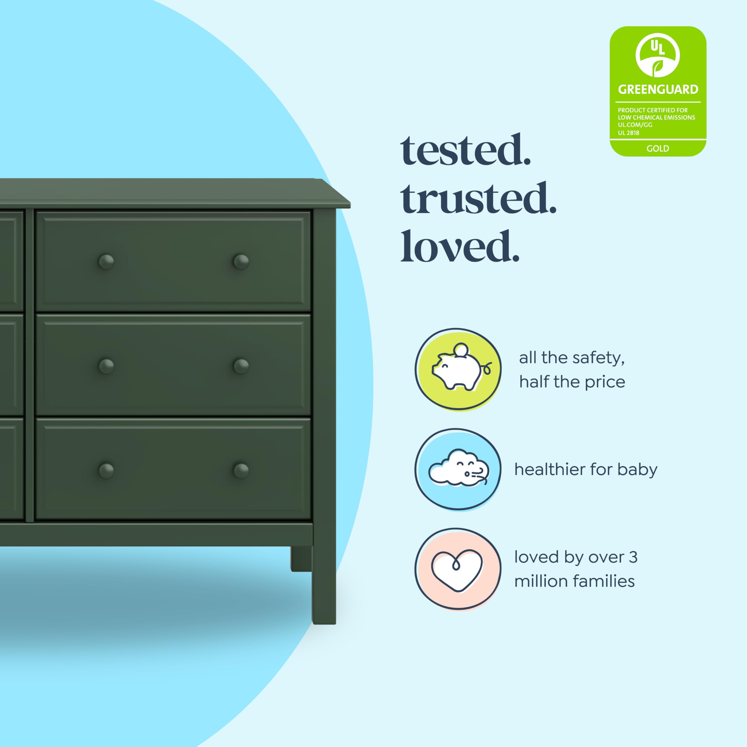 Jayden 6-Drawer Double Wide Dresser with 9 inch Drawer Extension in Forest Green Greenguard Gold Certified | Double Dresser w 6 Spacious Drawers for Nursery - Extra-Deep Drawer Extension - Sm product thumbnail 6
