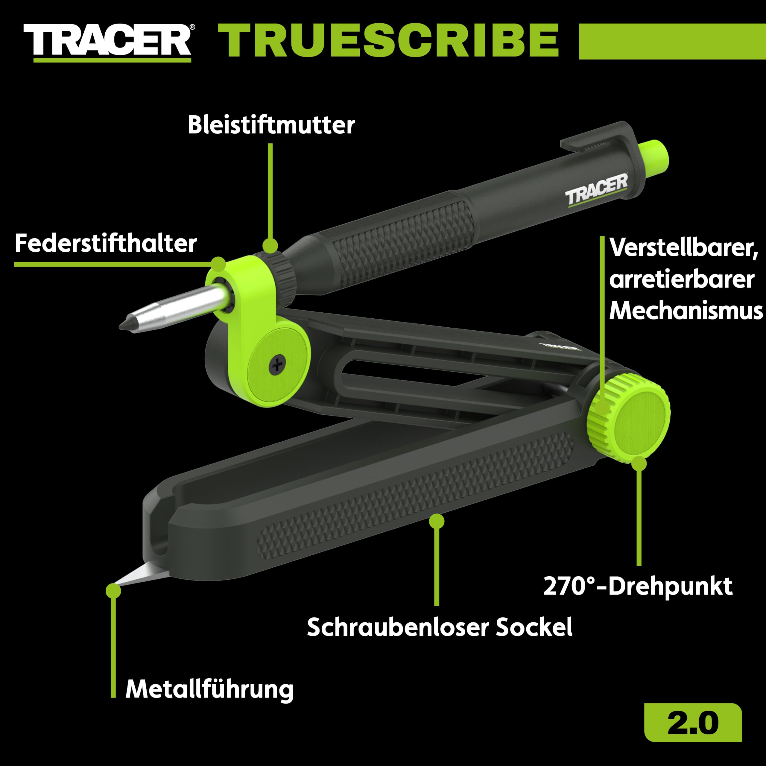 TRACER TrueScribe Anreißwerkzeug Set mit Zimmermannsbleistift, Tieflochmarker Bleistift, 12 Minen & Etui – Präzises Scribe‑Tool für Profis