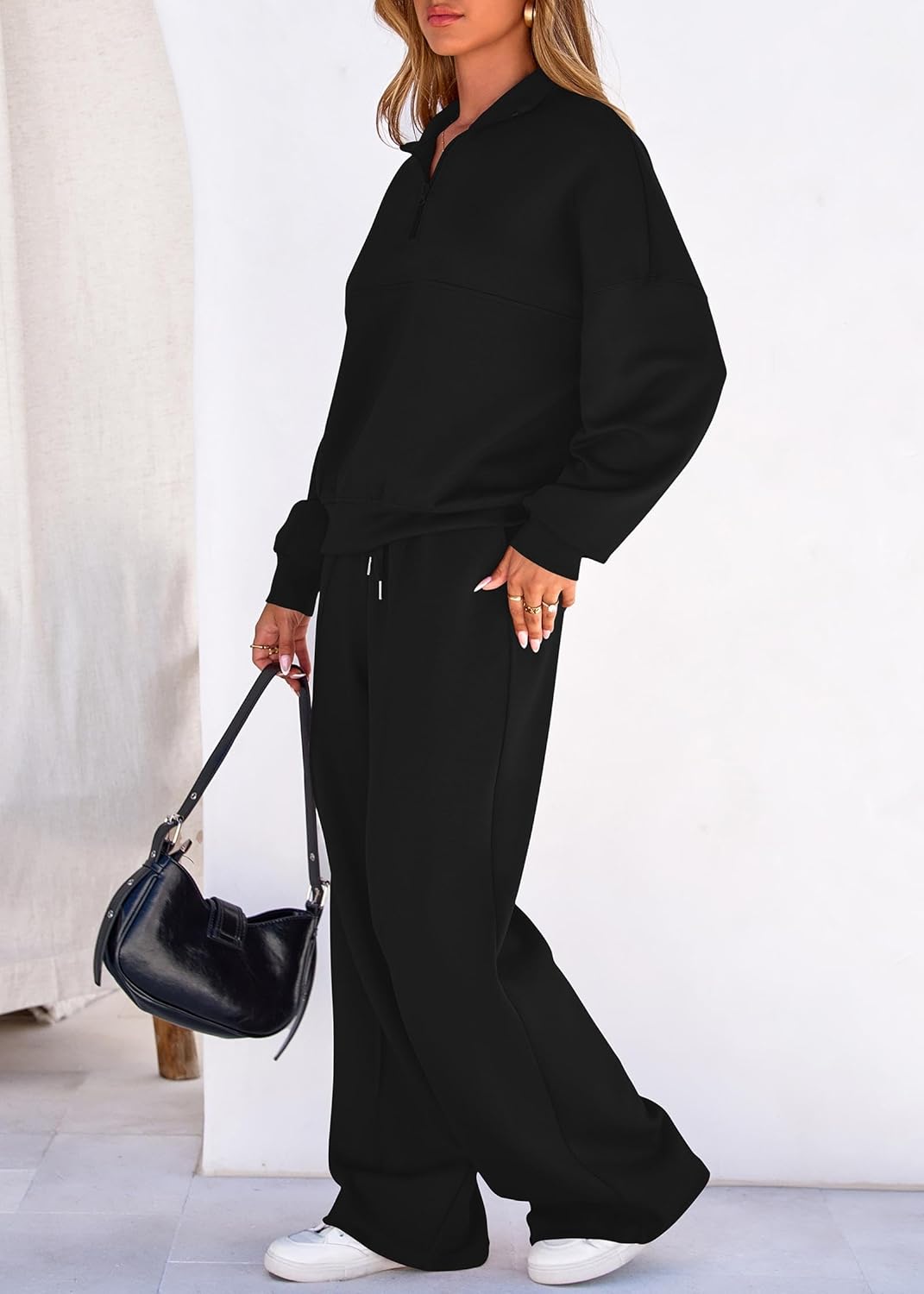 Lazysmile 2 Piece Sets For Women Lapel Half Zip Sweatshirt and Wide Leg Long Pants Sweatsuit Lounge Sets Workout Sets - Image 7