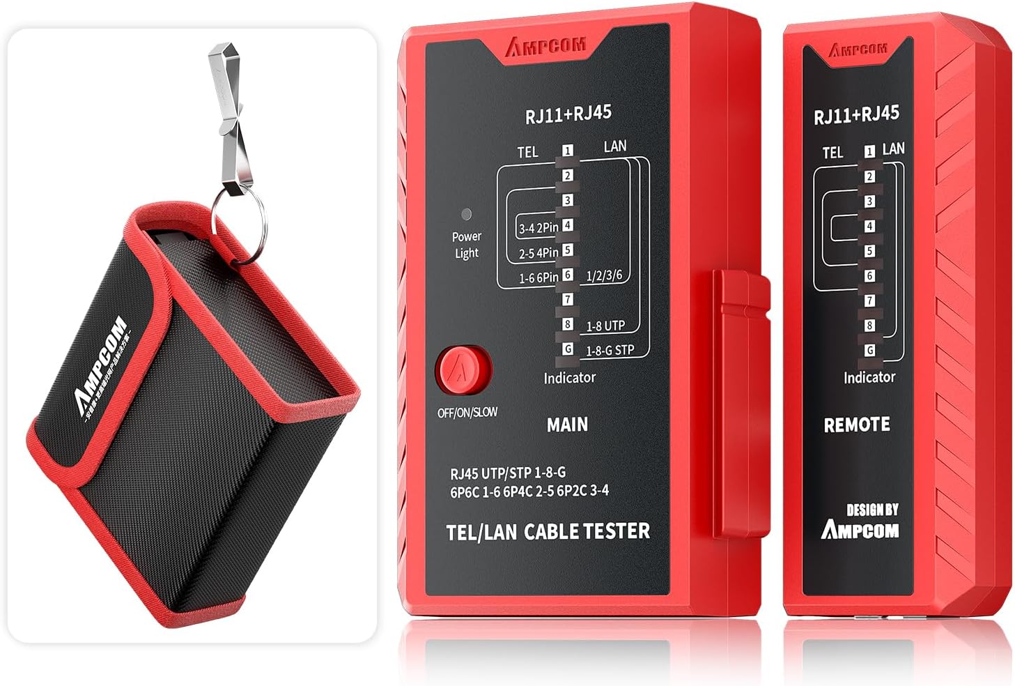 AMPCOM Network Cable Tester RJ45 for LAN & TEL Continuity of RJ45/11/12 CAT5E CAT6 CAT7 UTP & STP Shielded Ethernet Wires Test Tool - W/Carrying Bag - Red