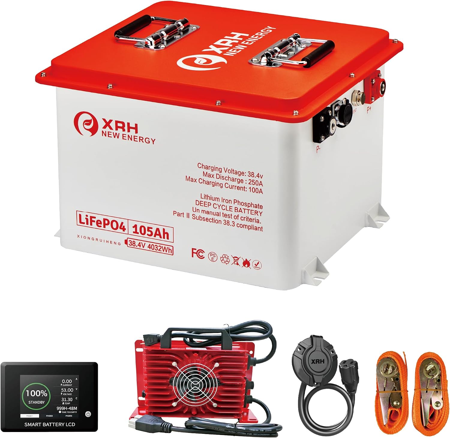 36V(38.4V) LiFePO4 Lithium Golf Cart Battery Built-in 250A BMS,with 36V 20A Lithium Battery Charger,Mobile APP,Touch Monitor,Port Plug and retention strap,6000+ Cycles,Perfect for Golf Carts