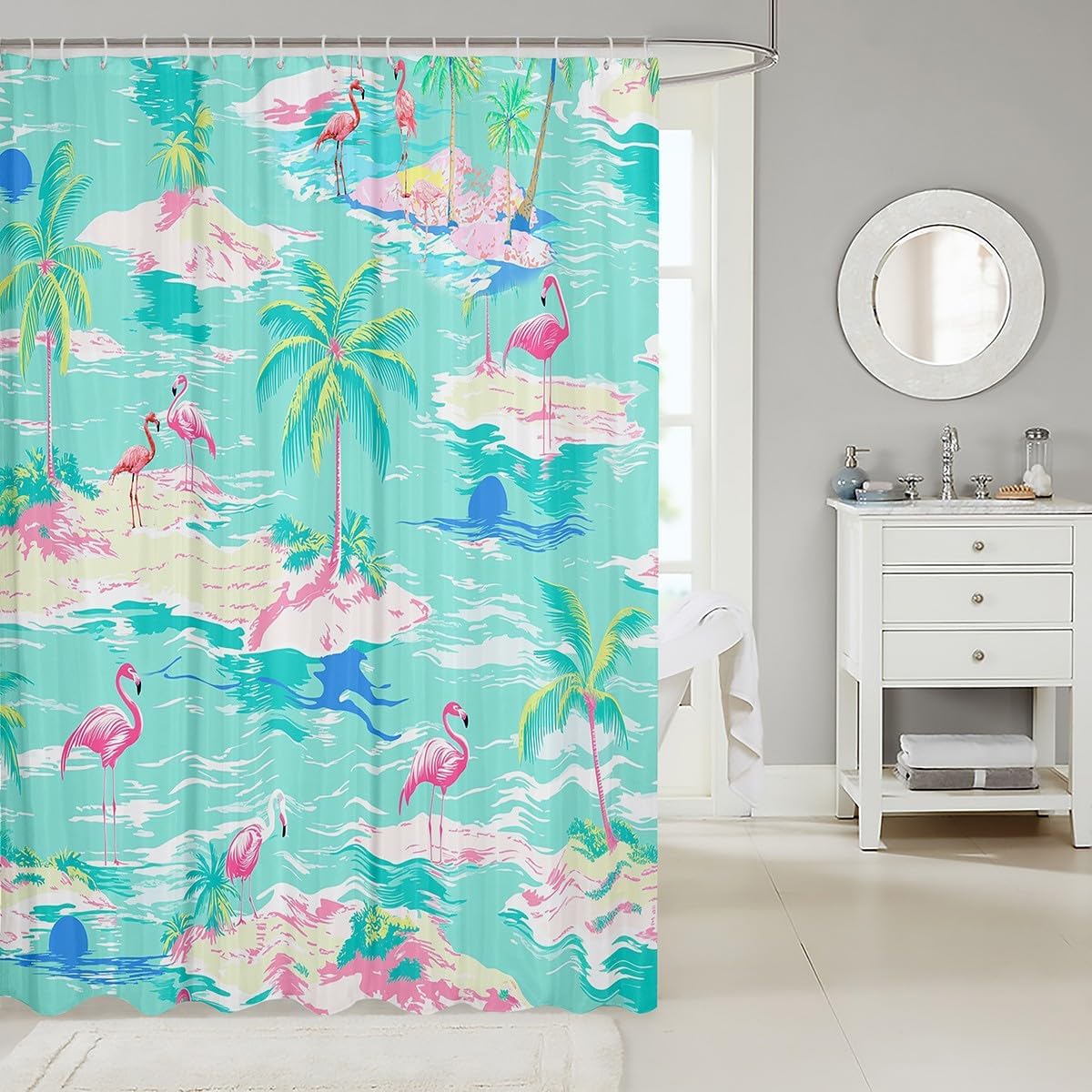 Pink Flamingo Kids Shower Curtains,Coconut Trees Tropical Plants Bathroom Curtains for Girls Boys Adults,Beach Summer Romantic Colorful Bright Waterproof Curtains,12 Hooks Suits,72" W x 84" L