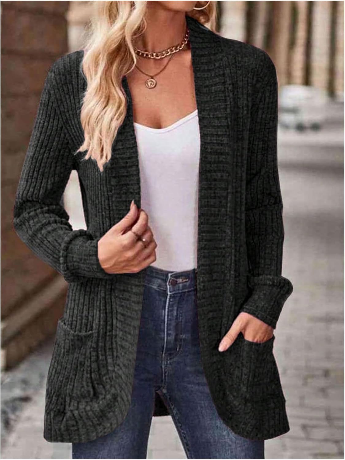 Women's Open Front Long Sleeve Cardigan Fall Dressy Casual Ribbed Knit Sweaters with Pockets - Image 4