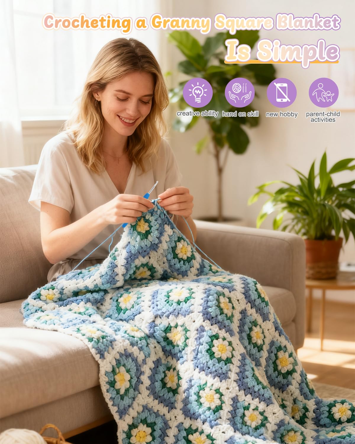 Coopay Kit Crochet Debutant Complet pour Granny Square avec Pelotes de Laine Crochet à Crocheter Couverture, Vidéo Tutoriel, Cadeau de Crochets Tricot - Bleu