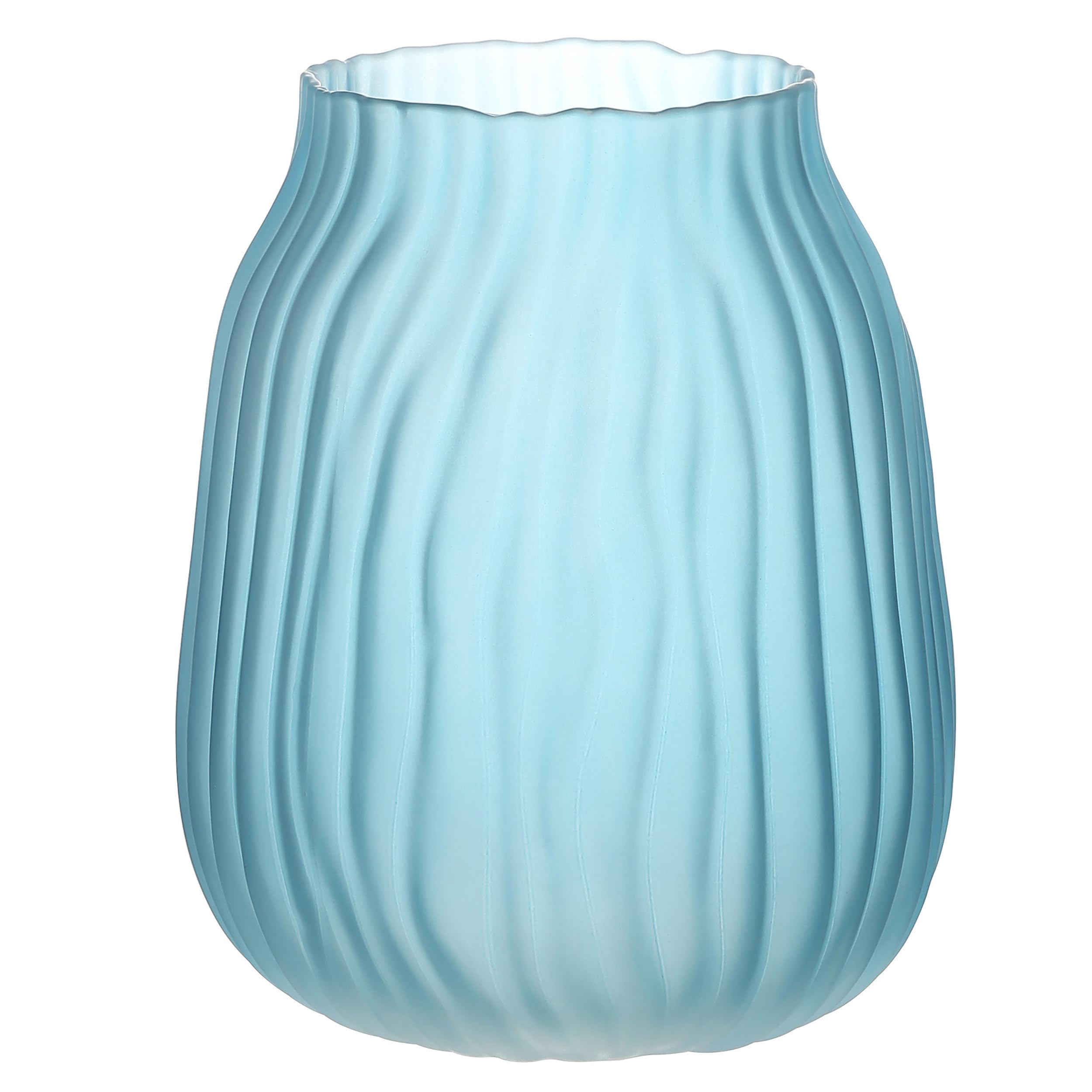 JAKY Global Large Modern Blue Glass Vase H-21cm Tall Ribbed Vase for Flowers Decor - Perfect for Home, Office, Farmhouse Table Centerpieces and Living Room glass Vases for Flowers(Blue 21cm)