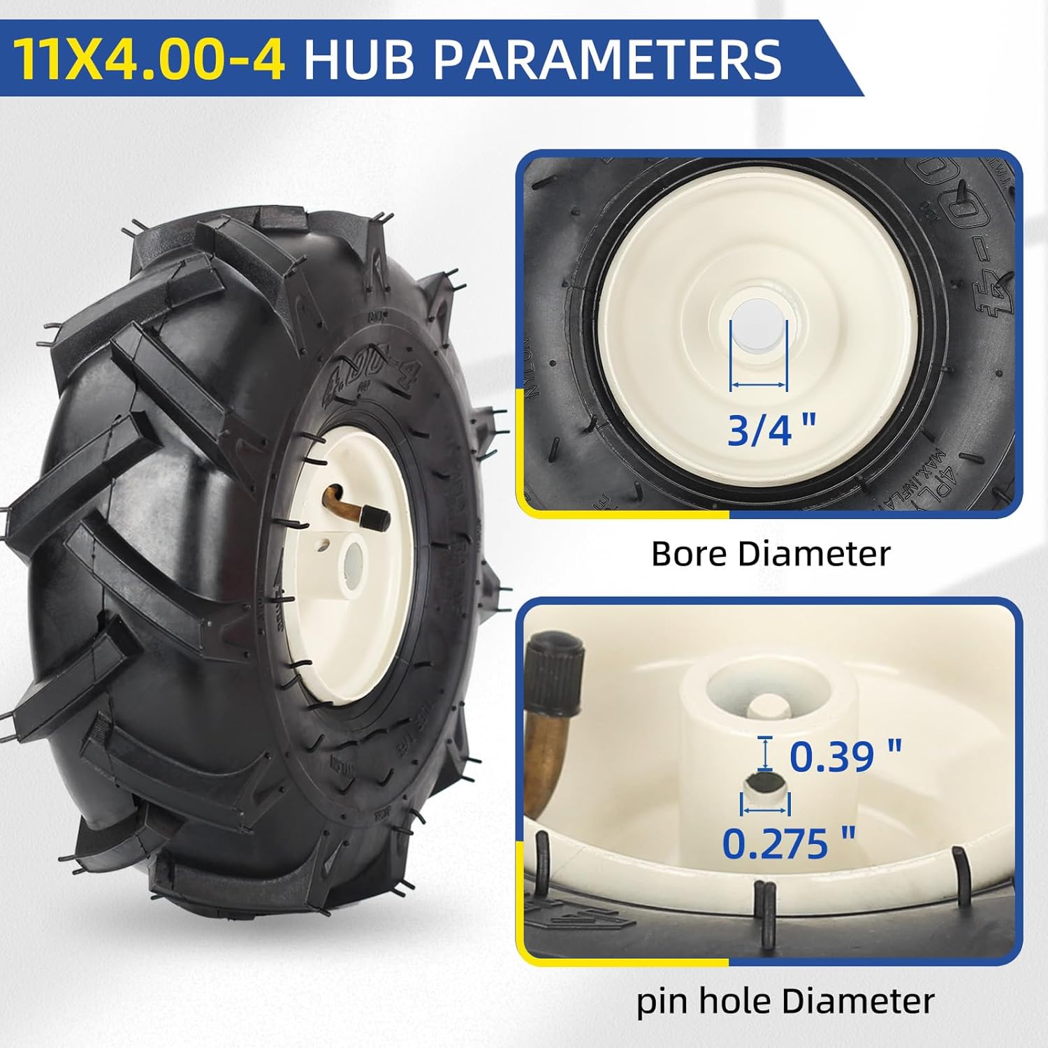 11x4.00-4" Tubeless Tiller Tire and Wheel, 3/4" Axle Size, 3-1/8" Centered Hub, Agriculture Super Lug Tractor & Trencher Tire, Compatible with Craftsman & Troy-Bilt Tiller, 1 Pack