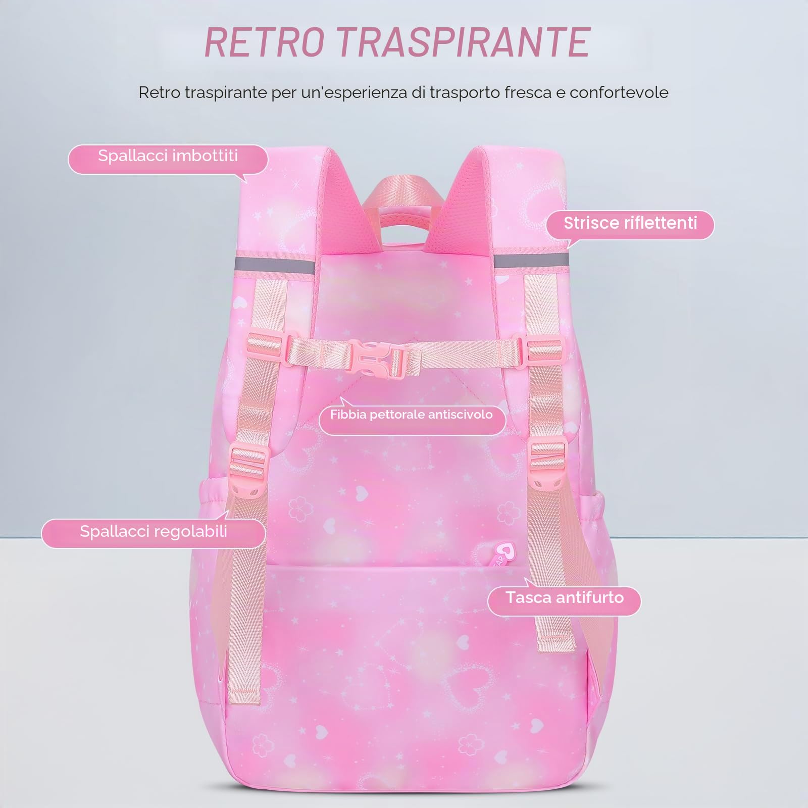 Amythe Zaino Scuola Elementare Bambina 3 Pezzi, Set Zaini Bambina Set 8-15 anni con Sacchetto per Pranzo e Astuccio per Matite, Kawaii Zainetto Ragazza, Rosa