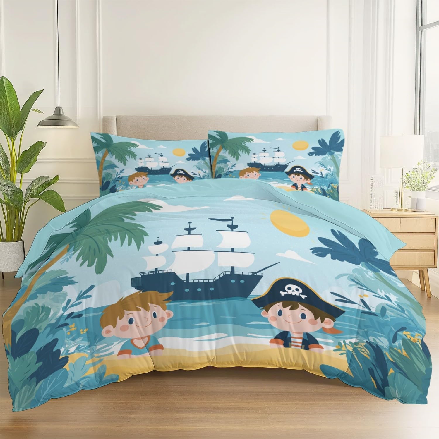 Giocosity zestaw pościeli plażowej dla dzieci 230 cm x 220 cm - bardzo miękka mikrofibra, 3 sztuki z ukrytym zamkiem błyskawicznym i dopasowanymi poszewkami na poduszki niebiesko-żółta