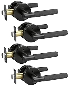 KNOBWELL 4 Pack Door Handles Black Matte Interior Door Levers Privacy Doorknob with Push Button for Bed and