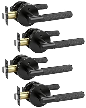 KNOBWELL 4 Pack Door Handles Black Matte Interior Door Levers Privacy Doorknob with Push Button for Bed and