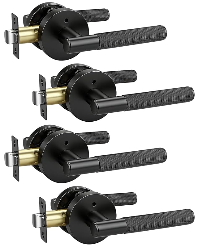 KNOBWELL 4 Pack Door Handles Black Matte Interior Door Levers Privacy Doorknob with Push Button for Bed and