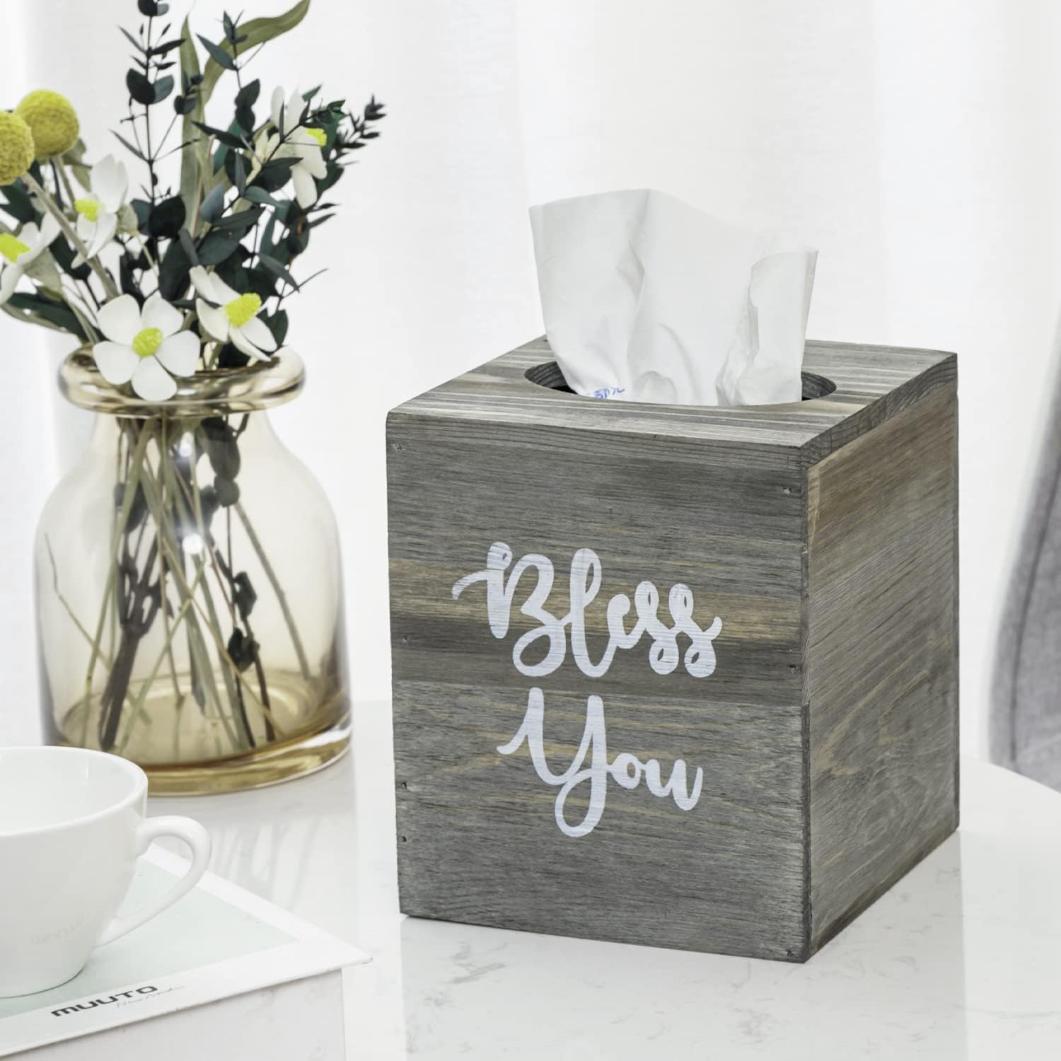 MyGift Wood Tissue Box Cover, Gray Square Bless You Design image 2