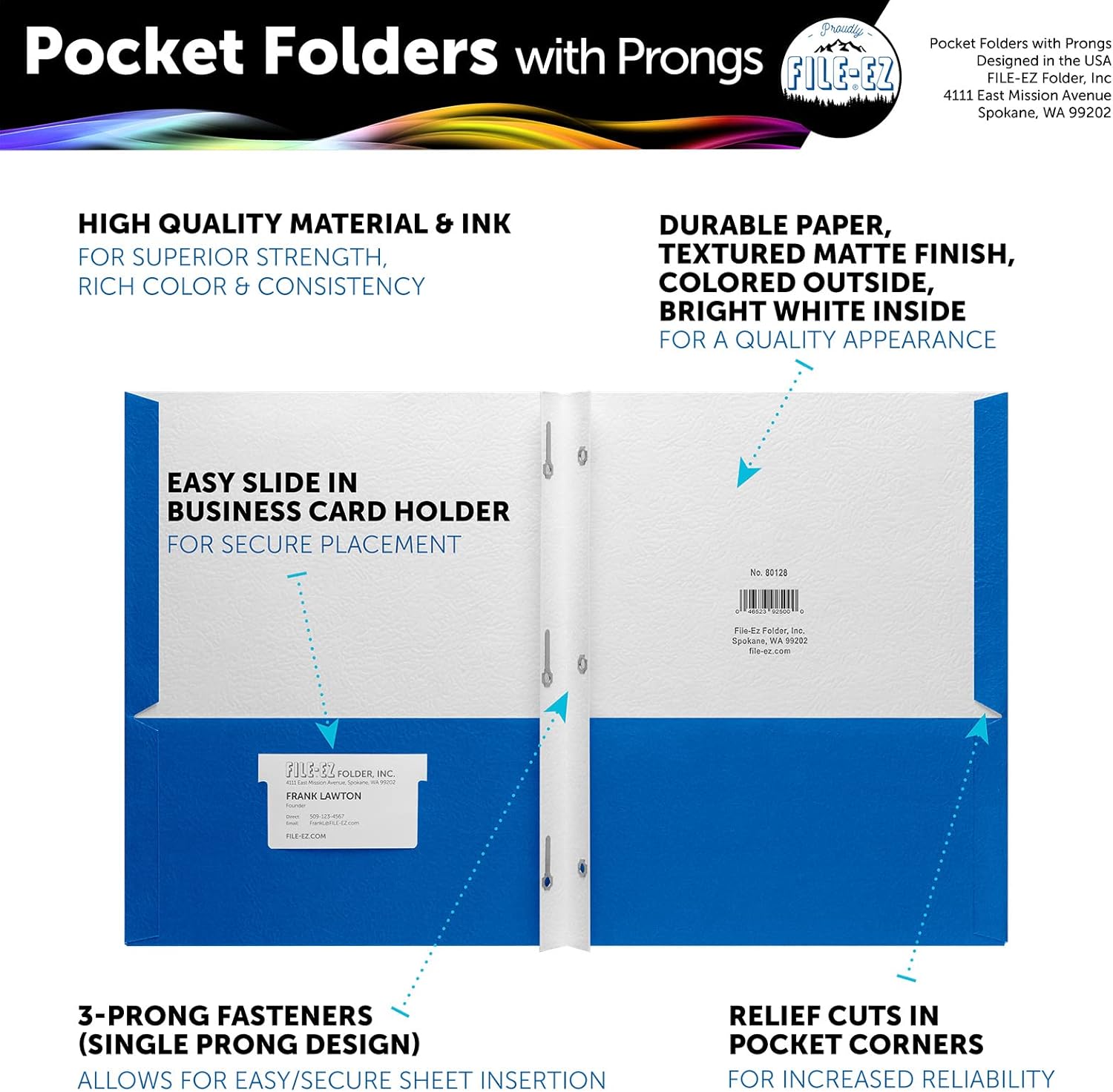 FILE-EZ Two-Pocket Folders with 3-Prong Fasteners, Assorted Colors, 25-Pack, Durable Textured Paper, Matte Finish, Letter Sheet Size (EZ-92500) 25 Folders with 3-Prong Fasteners Assorted Colors