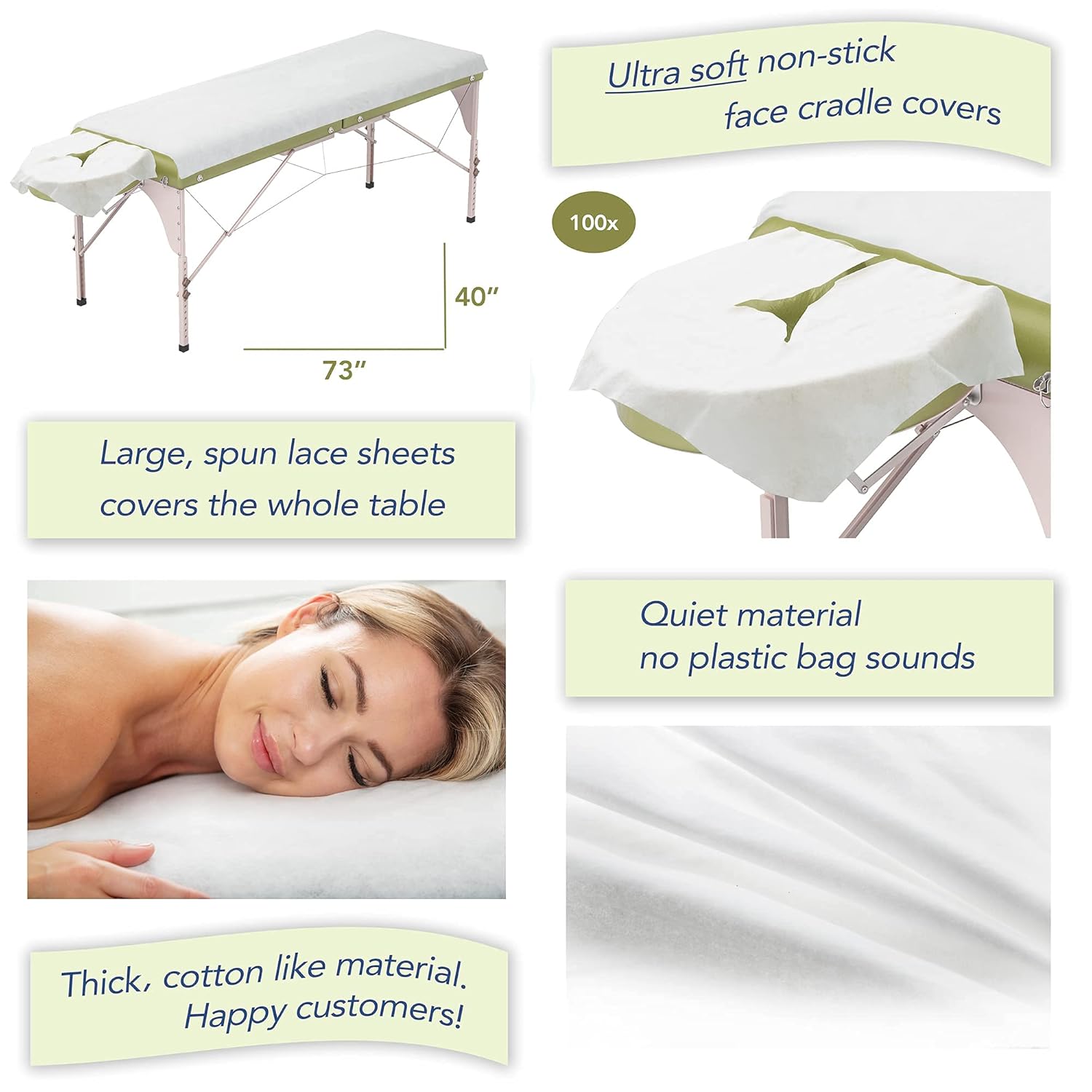Disposable Massage Table Sheets Sets, Massage Sheets and 100 Face Cradle Covers Combo, Extra Thick, White, Luxurious, 10 Flat 73 by 40 in. Disposable Sheets For Massage Table, Massage Table Sheets : Beauty & Personal Care