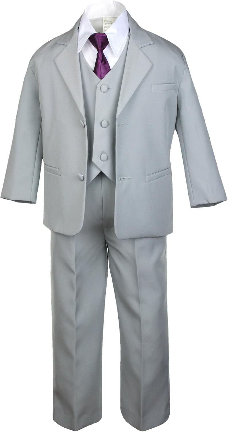 6pc Boys Gray Vest Set Tuxedo Suits with Satin Eggplant Necktie Baby Teen
