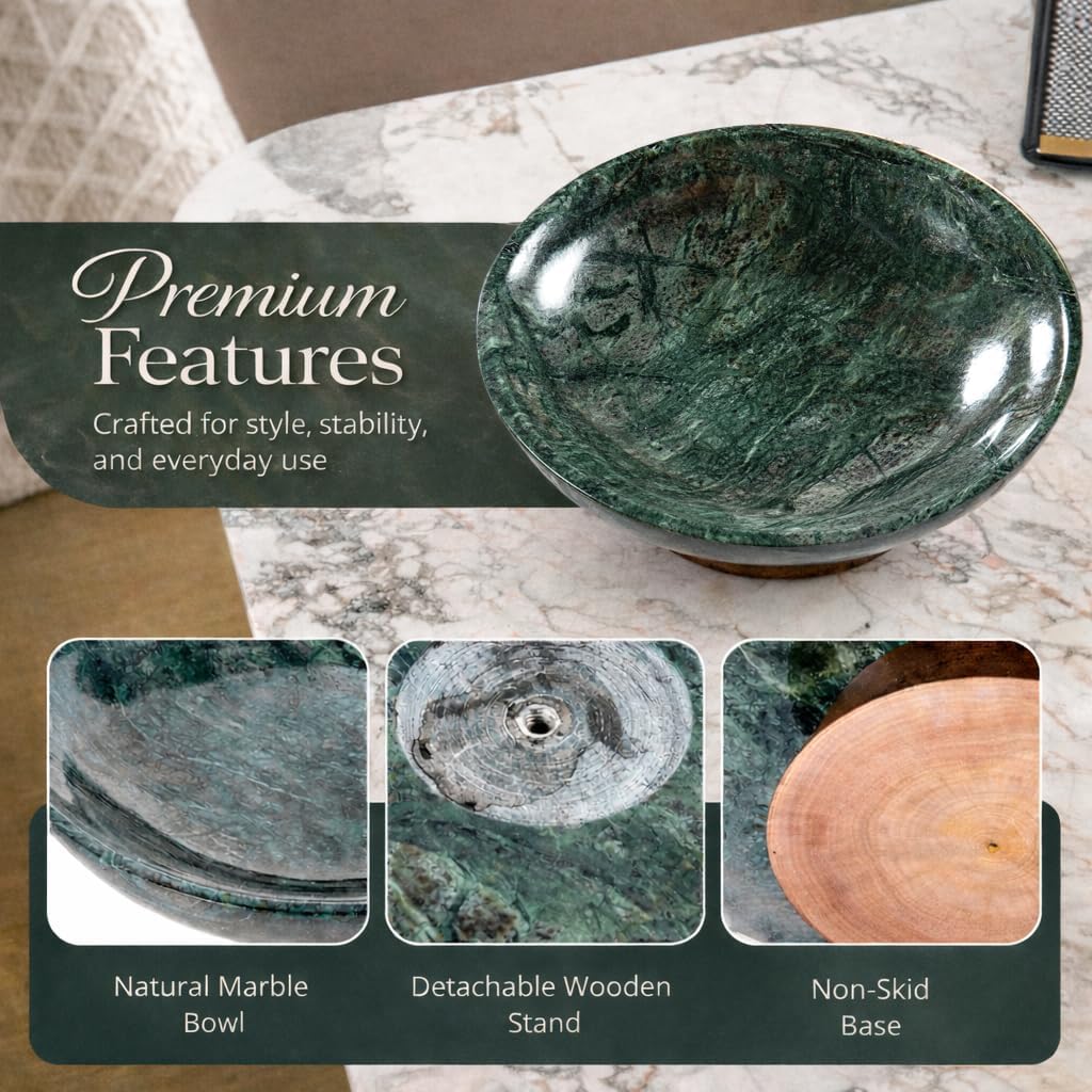 Decorative Marble Bowl Green - Handcrafted Natural Stone on Acacia Wood Pedestal - Versatile 10" Catch‑All Centrepiece for Home Decor - Entryway, Dining Table, Kitchen Fruit Bowl, Key Holder (Green)