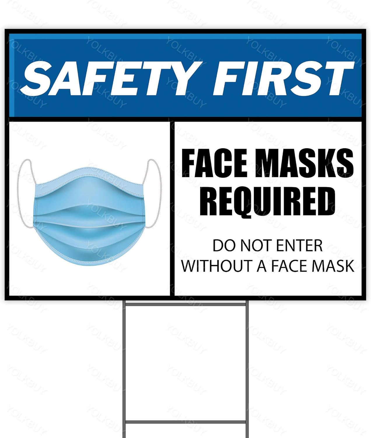 Safety First Face Masks Required Yard Sign with H-Stake, Social Distancing Lawn Sign, Mask Sign, COVID 19 Sign, 24" x 18" Double-Sided Garden Sign