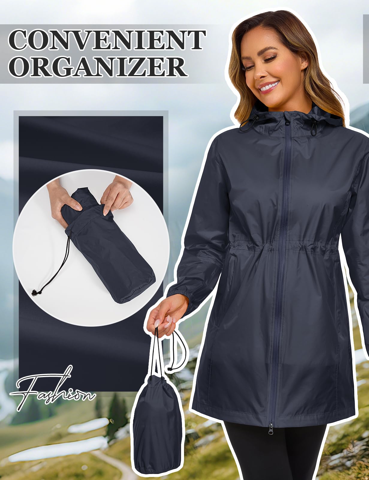 Vancavoo Veste Imperméable Femme Chic Long Manteau de Pluie Coupe Vent avec Capuche Poncho avec Poche