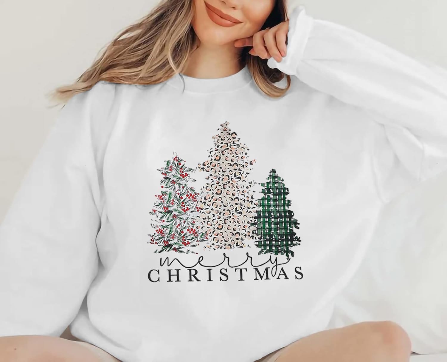 ASTANFY Merry Christmas Sweatshirt for Women Plaid Holiday Long Sleeve Tree Pullover Lightweight Shirt - Image 3