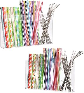 11-Inch Large Acrylic Straw Holder for Cabinet Door & Countertop – Space-Saving Organizer with 2 Straw Brushes, No-Trace Hook Installation