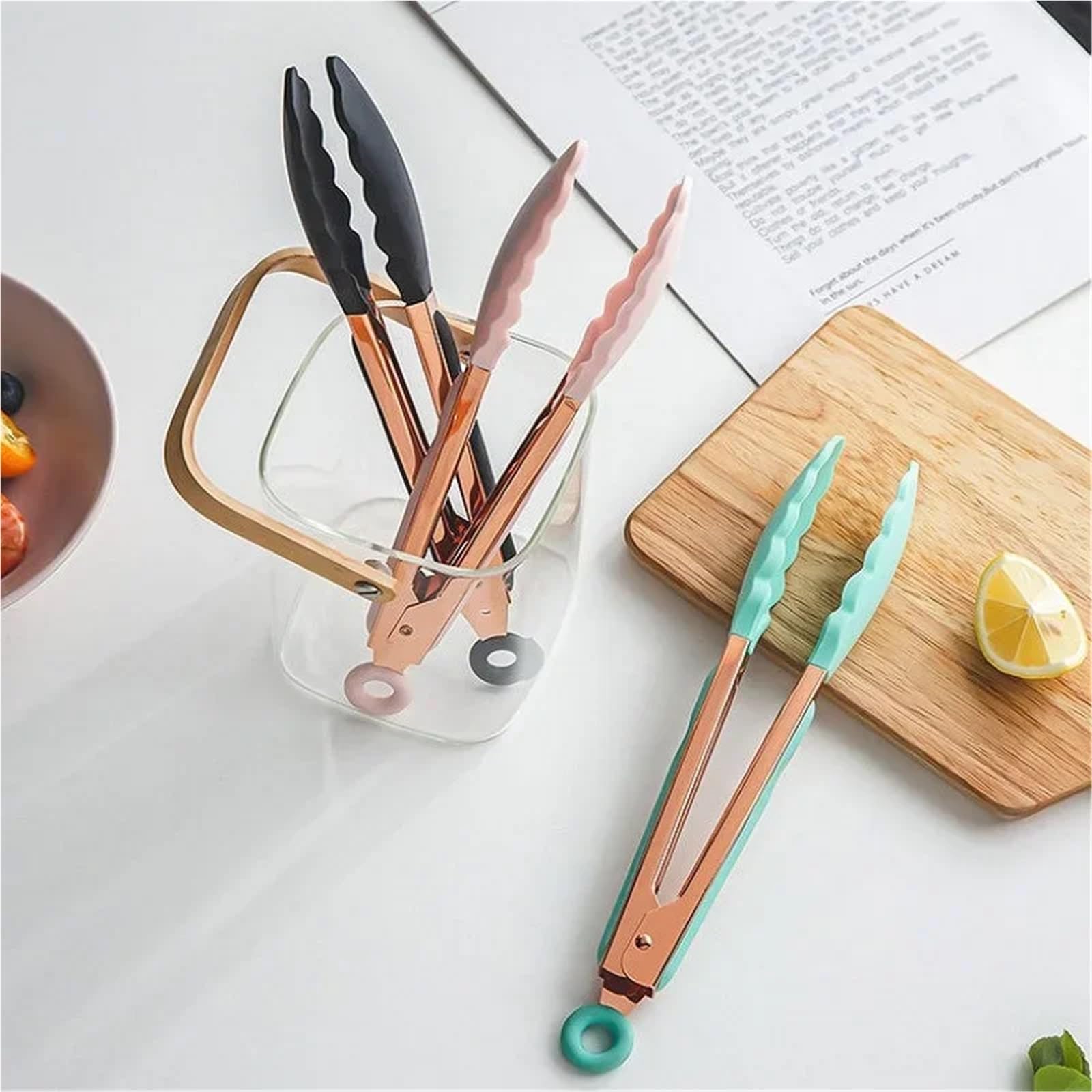 Küchenzangen-Set 3 Teile/satz 9 Zoll Silikon Clips Brot Grill Zange Steak Clip Lebensmittel Clips BBQ Kochen Backen Salat Küche Zubehör Für die Küche(Gold pink)