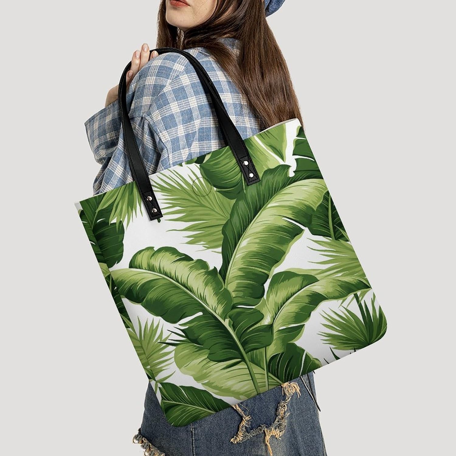 Cute Green Palm Leaves Handbags Large Capacity, Tote Bag Stylish Slouchy, Shoulder Bags for Work Beach Travel And Shopping Grocery.