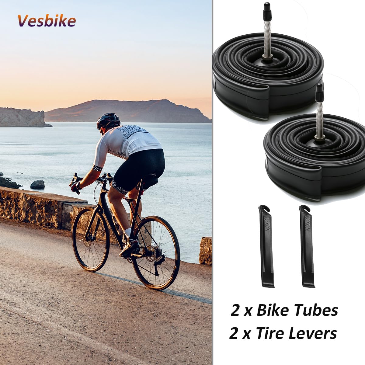 Lot de 2 chambres à air pour vélo de route avec 2 démonte-pneus en caoutchouc butyle de qualité supérieure - Valve Presta - 700 x 38 C/700 x 40 C
