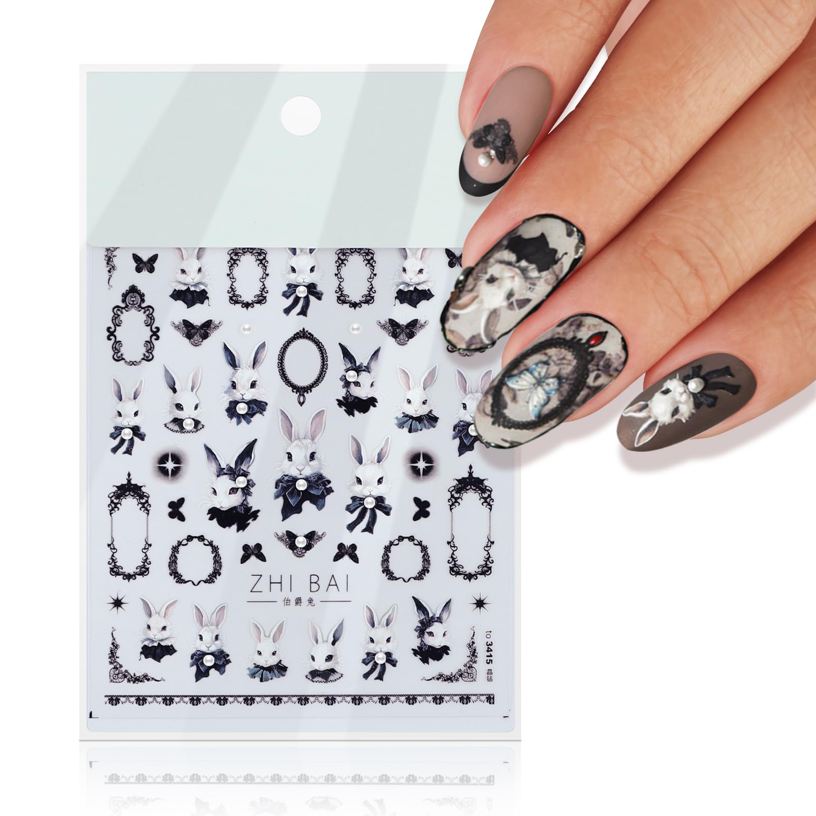 5D Stereoscopic Embossed Rabbit Nail Stickers Easter Bunny Pattern Fingernail Stickers Decorations Bunny Rabbit 3D Easter Nail Wraps for Women Girls (