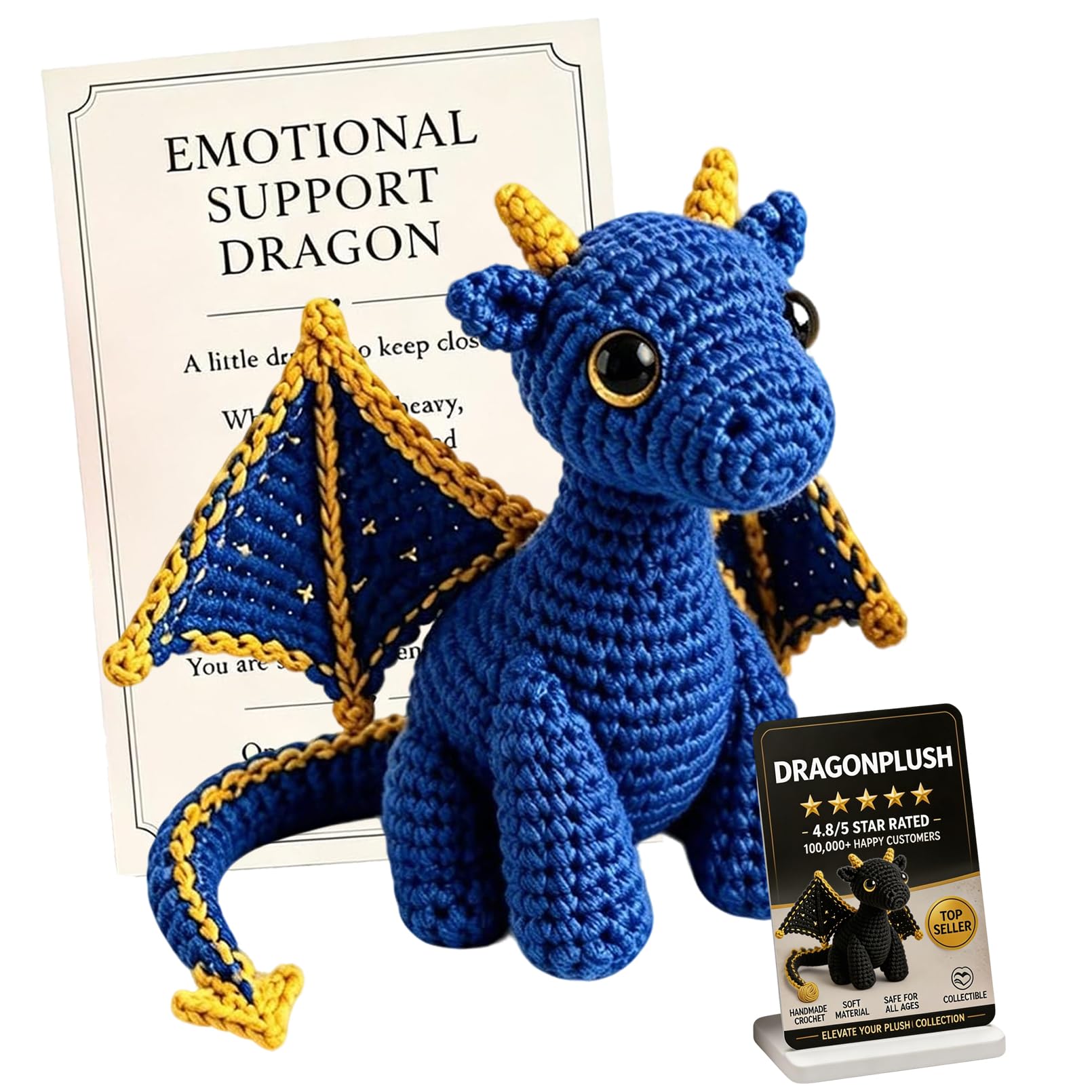 Emotional Support Dragon Pocket Buddy, Handmade Cute Plush Stuffed Dragon with Encouragement Card, Emotional Positive Crochet Gift (Blue)