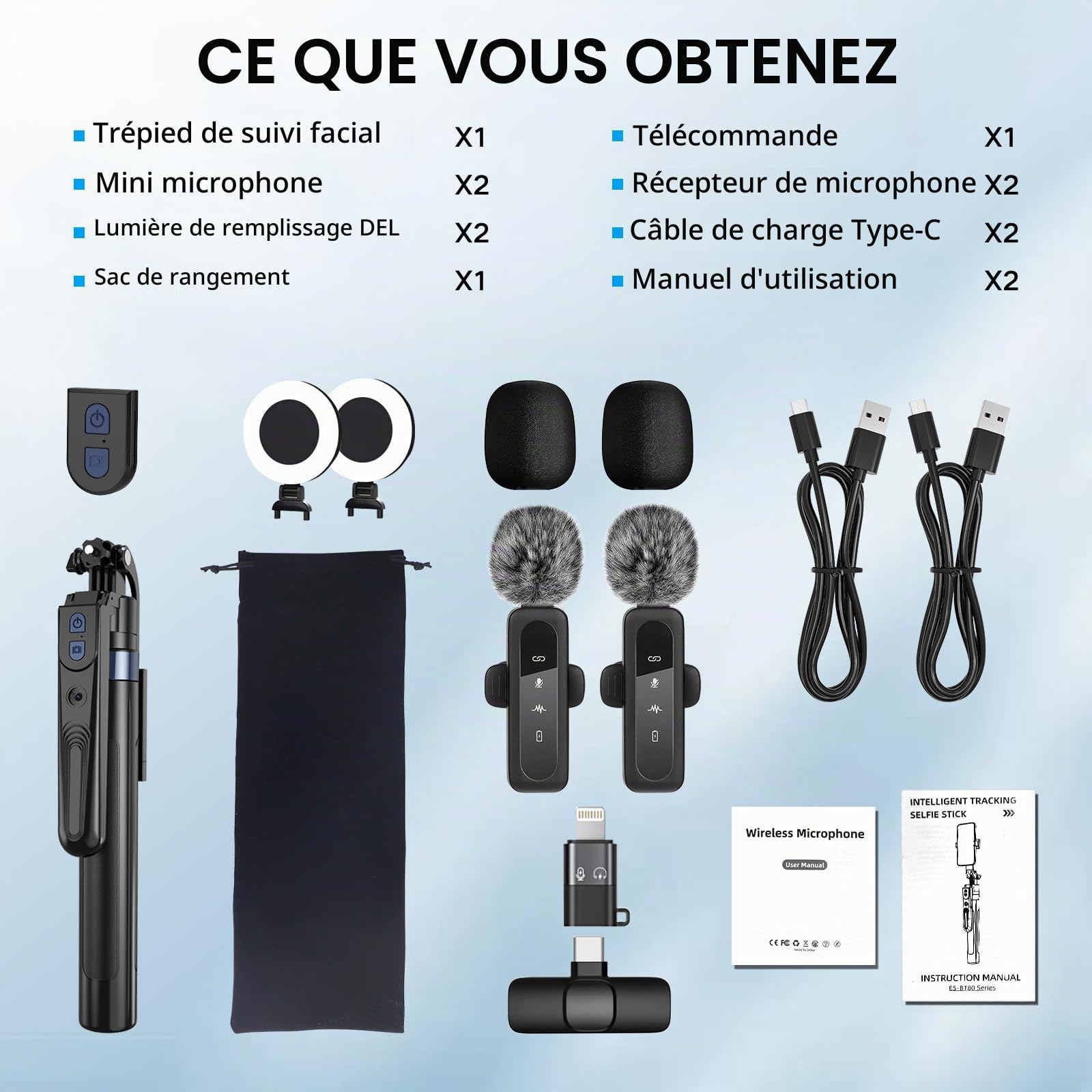 Kit de vlogging pour créateur de contenu YouTube pour iPhone/Android, trépied de 178 cm avec suivi automatique du visage pour iPhone, avec éclairage et microphones sans fil, kit de démarrage TikTok