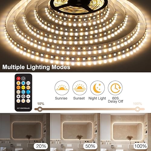 Miniatura 3 de Tira de luces LED, 33 pies, regulables, 2700K-6500K, tiras de luz LED con luz brillante remota, 1200 luces LED flexibles con fuerte adhesivo para