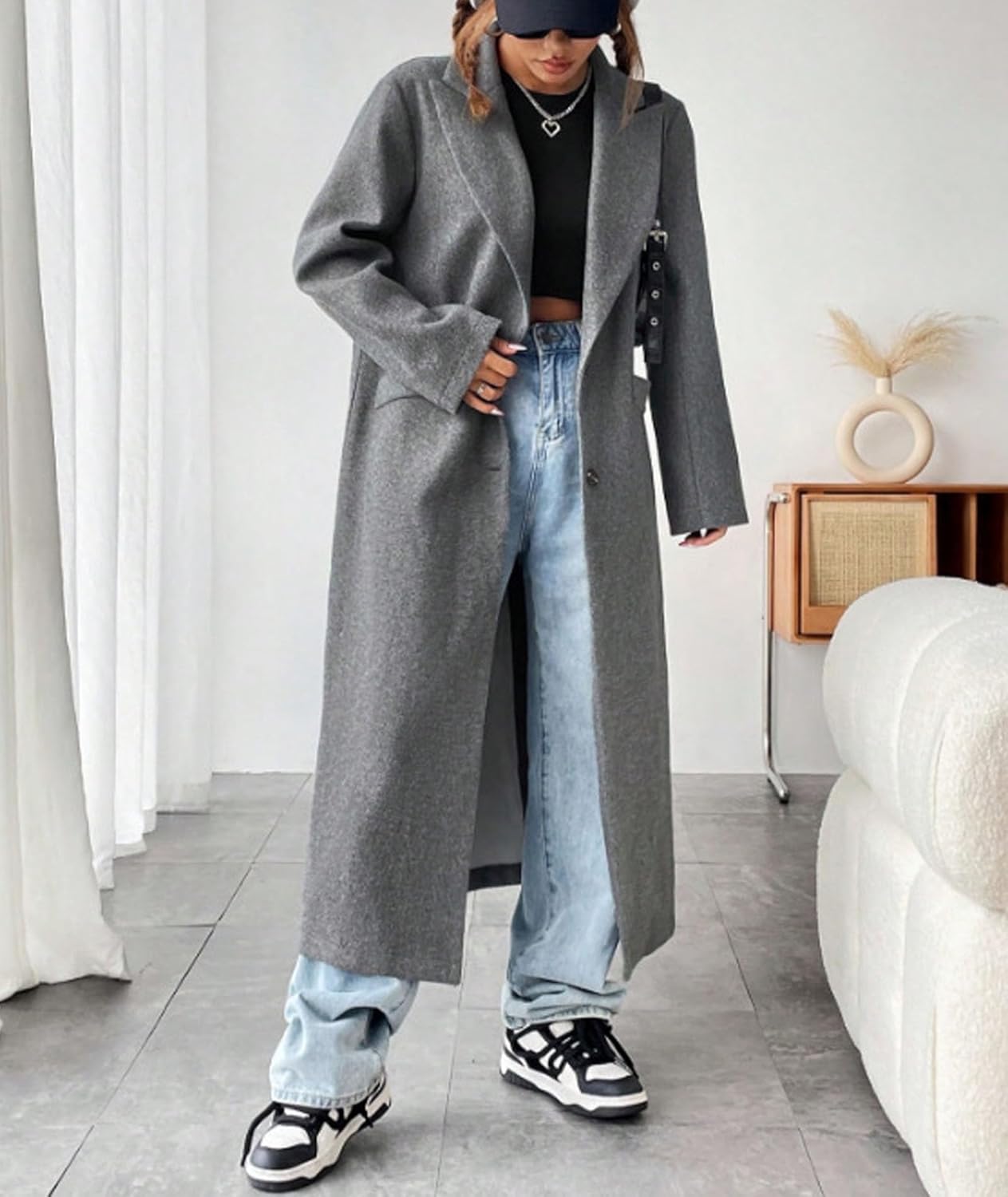 ECDAHICC Womens Casual Long Wool Blend Coat Single Breasted Trench Coat Fall Winter Overcoats with Pockets