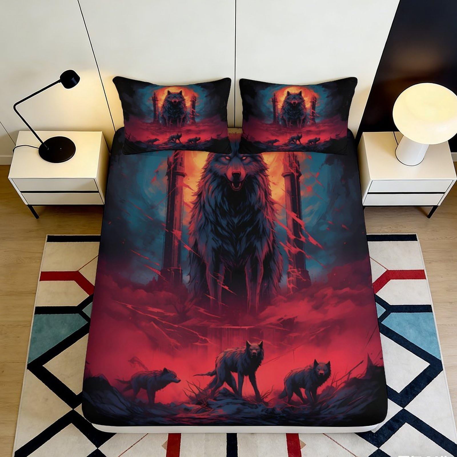 3D Printed Wolf Forest Fitted Sheet Microfiber Soft Red Blue Animal Bed Cover for Bedroom Dorm Decor 90x200x25cm