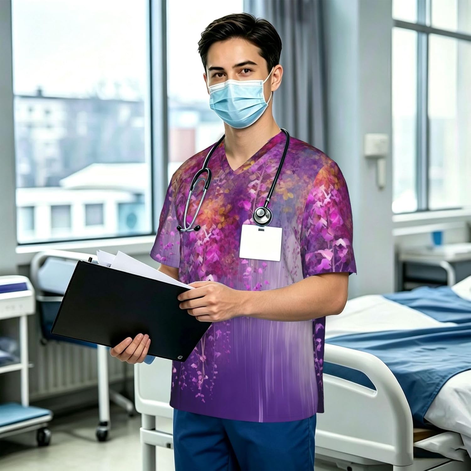 Professional Scrub Tops for Men, Classic V-Neck Workwear with 3 Pockets