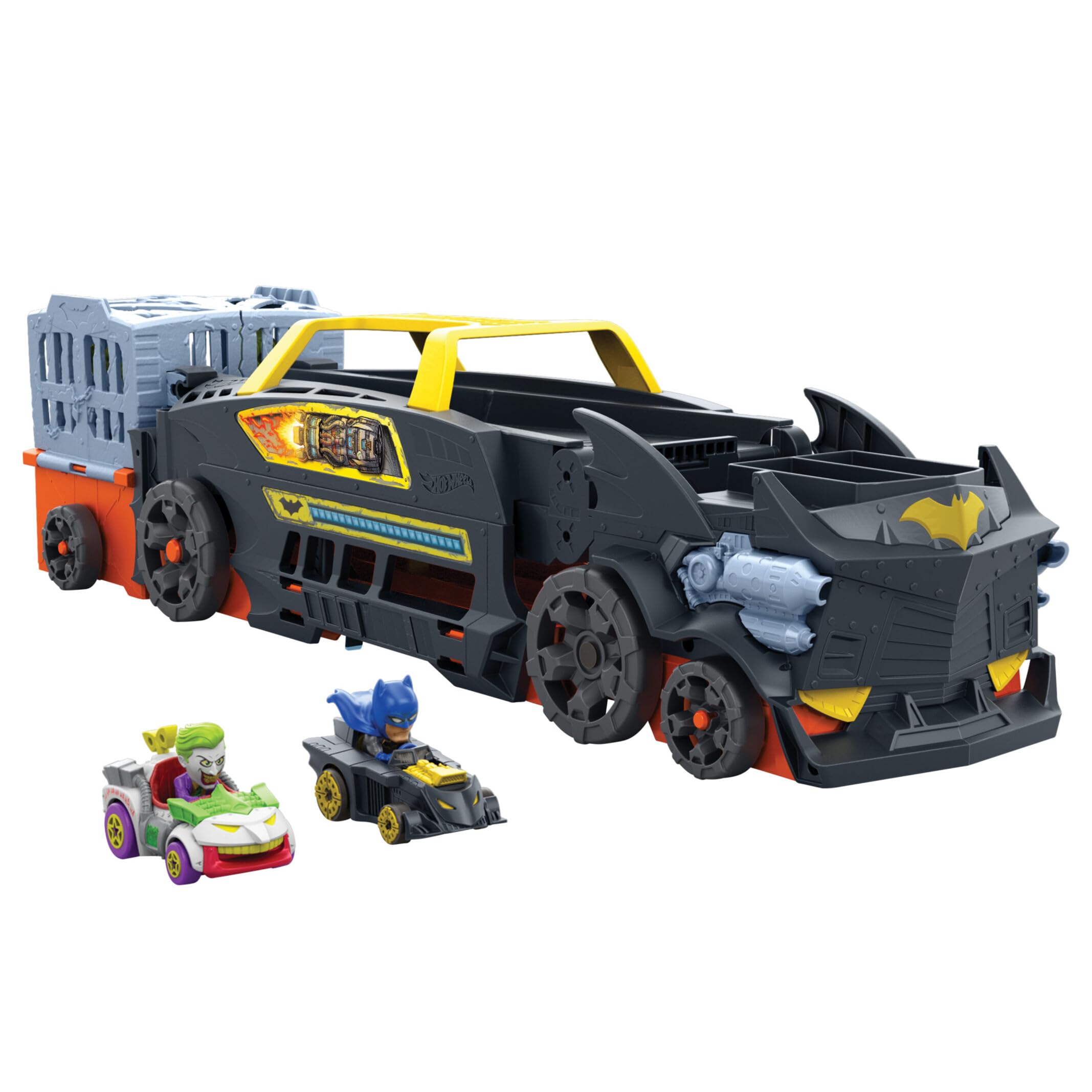 Hot Wheels RacerVerse Camión de Transporte de Batman, Pista para Coches de Juguete con 3 lanzadores, Incluye 1 vehículo de Batman y 1 del Joker, Regalo para niños y niñas +3 años, HXN21