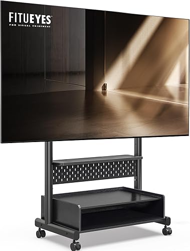 FITUEYES Soporte de TV rodante, soporte de TV portátil con ruedas para TV de 40 a 85 pulgadas, carrito de TV móvil con cajón de madera para sala de