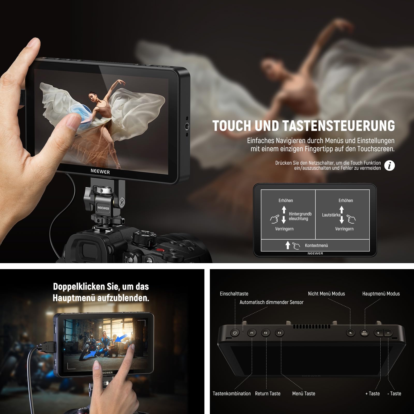 NEEWER F700 7Zoll Kamera Feld Monitor, 2000nit HD 1920 x 1080 IPS Touchscreen, 3D LUT, 4K HDMI Loop in/Out Peak Focus DSLR Video Assist HDR Waveform, Cold Shoe Mount, 2 NP-F750 Akkus, Reinigungstuch