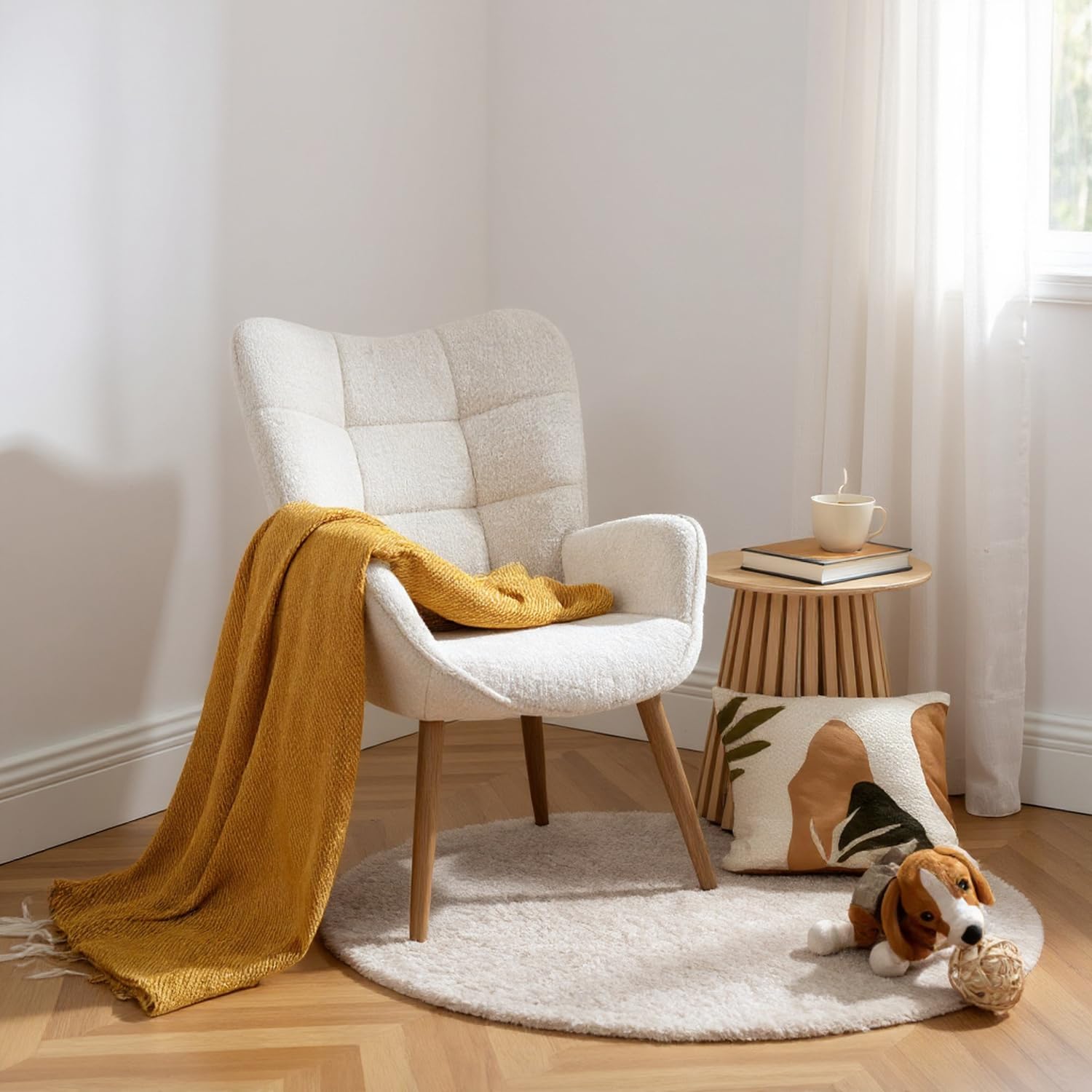 MEUBLE Cosy Sillón Nórdica Butaca de Salón para Dormitorio Silla Escandinavo con Respaldo y Reposabrazos Patas de Madera en Tela de Bucle Gris