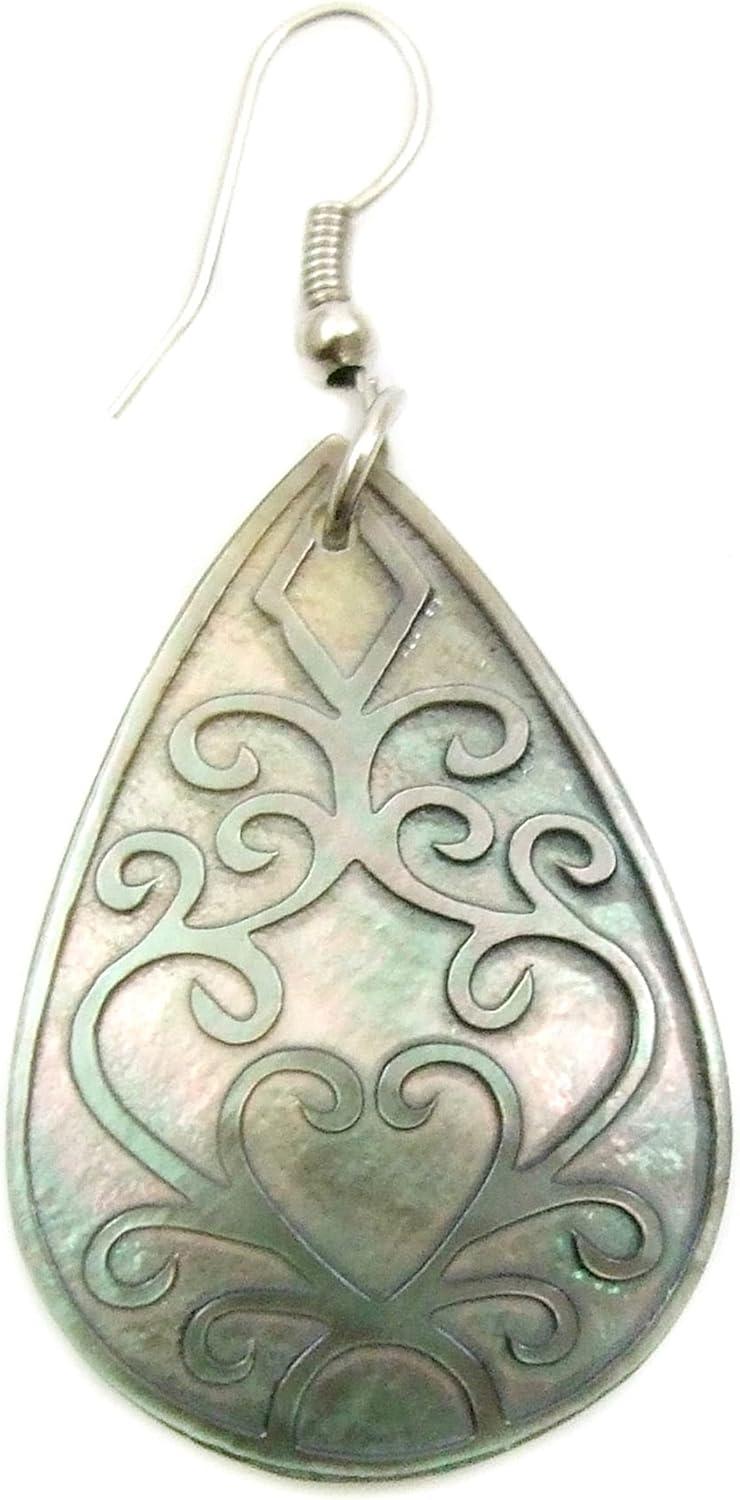 Natural Mother of Pearl Earrings, Hand Carved Ethnic Design Mother of Pearl Earrings for Women, Handmade Dangle Teardrop Seashell Earrings Fashion Jewelry CA372-A - Image 3