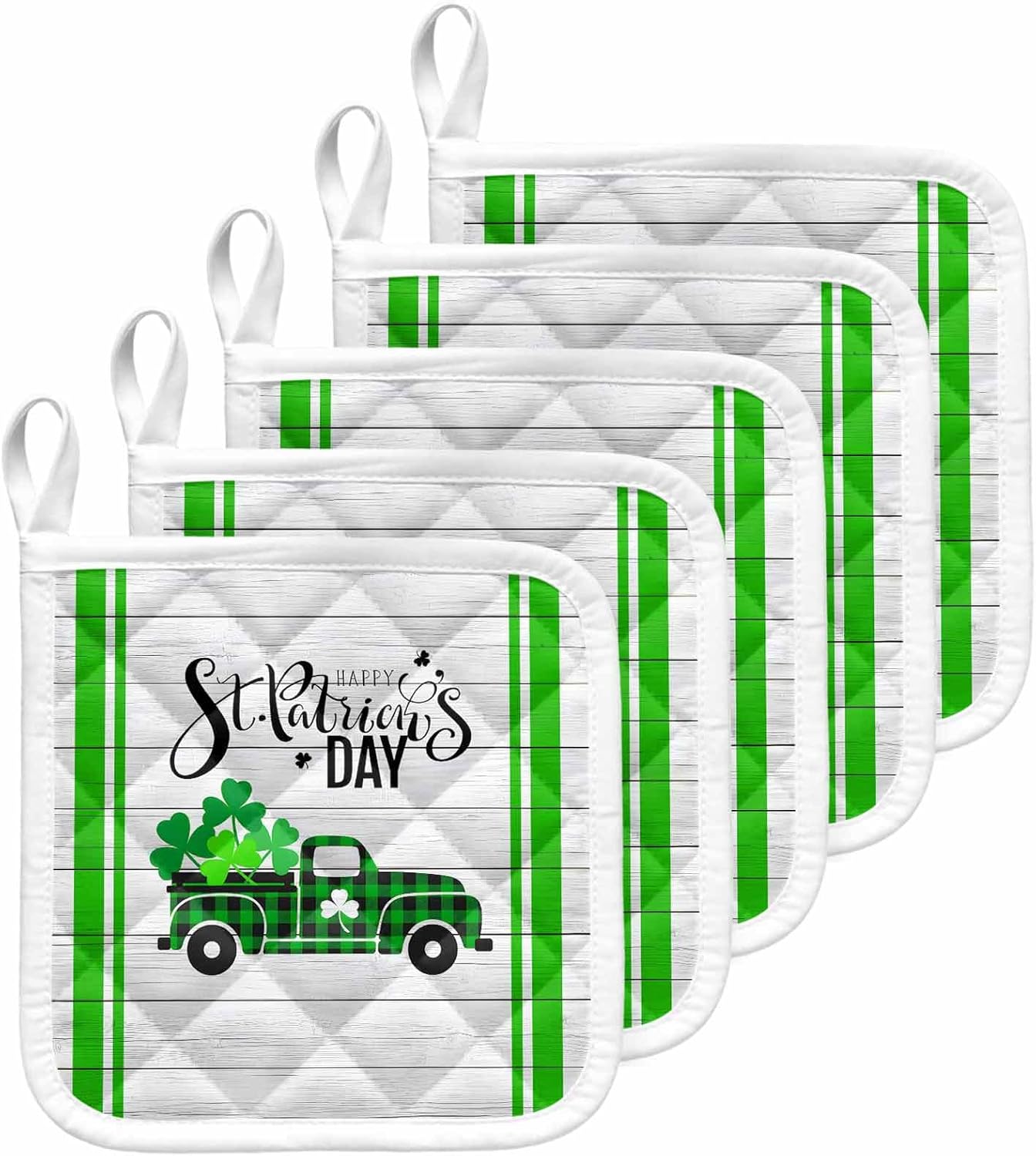 5 Pack Pot Holders for Kitchen, St. Patrick's Day Hot Pads for Kitchen Countertops Oven Pot Holder Bulk, Spring Lucky Grass Truck Striped Wood Heat Insulation Potholders with Hanging Loops