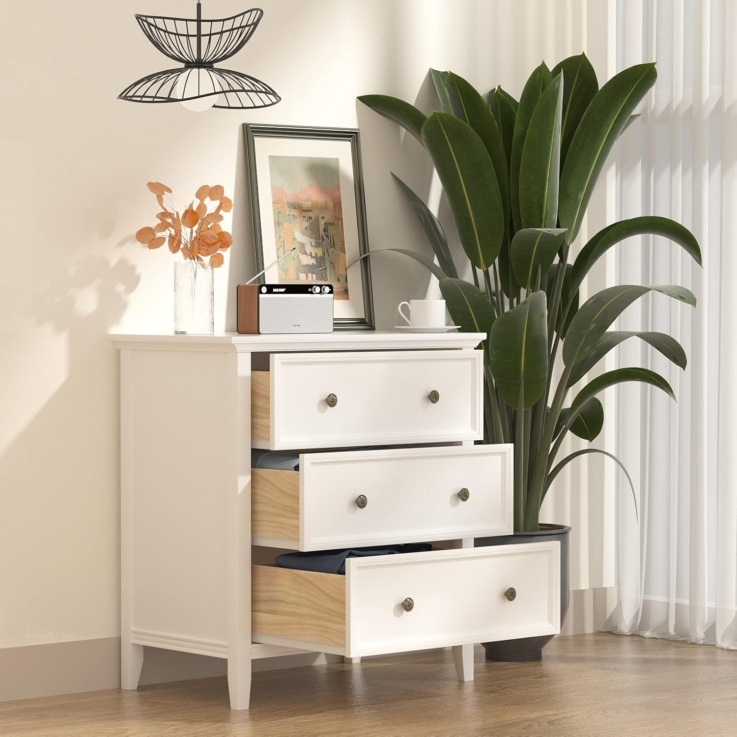 IKENO Solid Wood Nightstand with 3 Drawers and Power Outlet, Tall Bedside Cabinet 16.7" D x 27.6" W x 29.5" H, Single Unit for Bedroom, White - Image 4