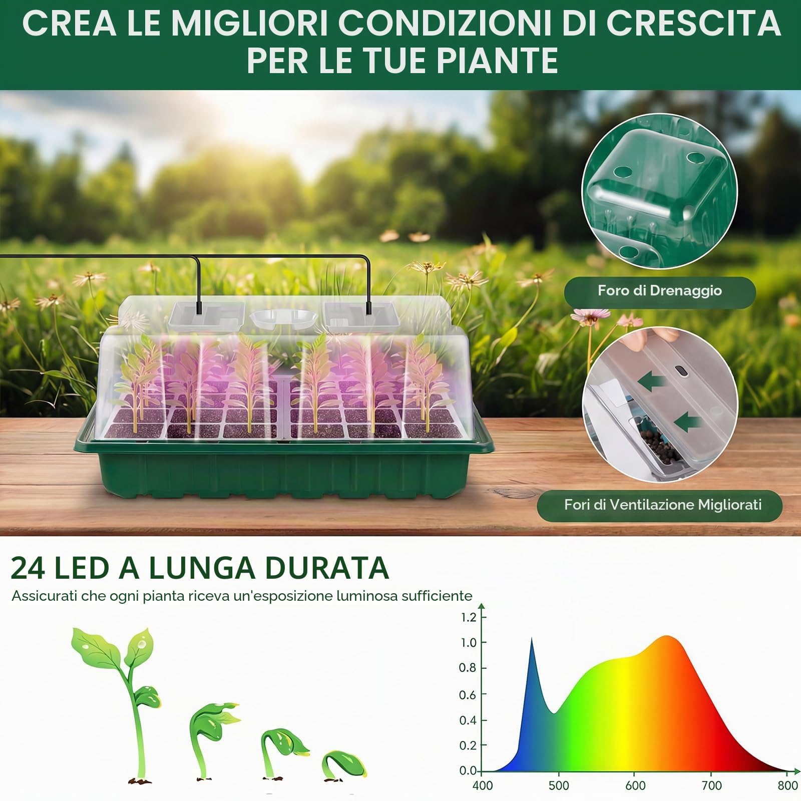 Verdenu Vassoio Germinazione con Tappeto Riscaldante, Semenzaio Germinazione Extra Large da 24 Celle con Coperchio Rialzato, Serra Per Germinazione Per la Propagazione di Piante da Interno