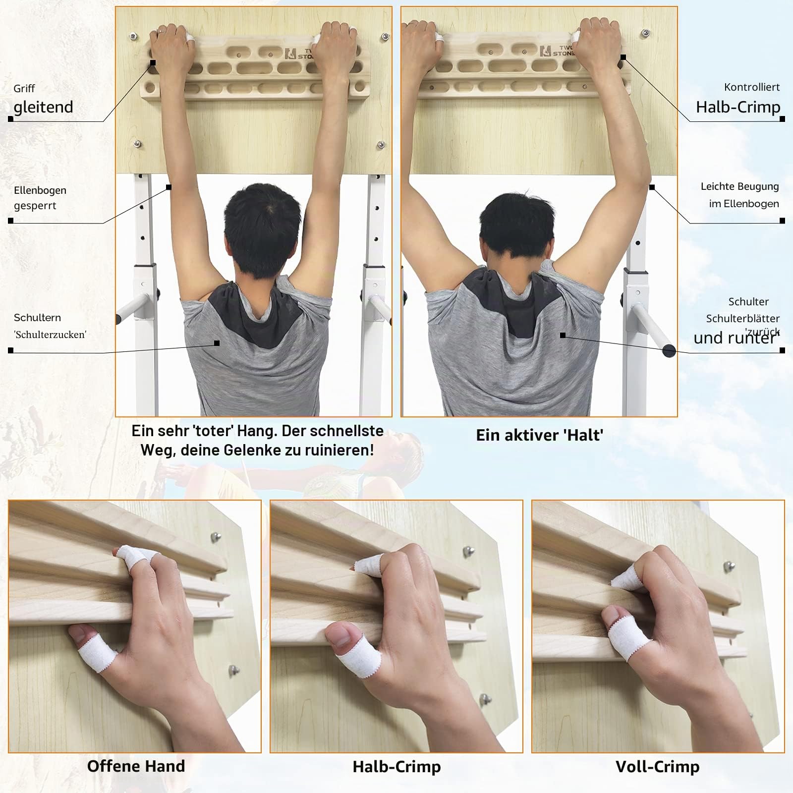 TWO STONES Kletter-Hangboard Klettertraining als Klettergriffbrett mit Griffen, Schrägen und Kanten, Taschen und Handyhalterung CJ-HB2049