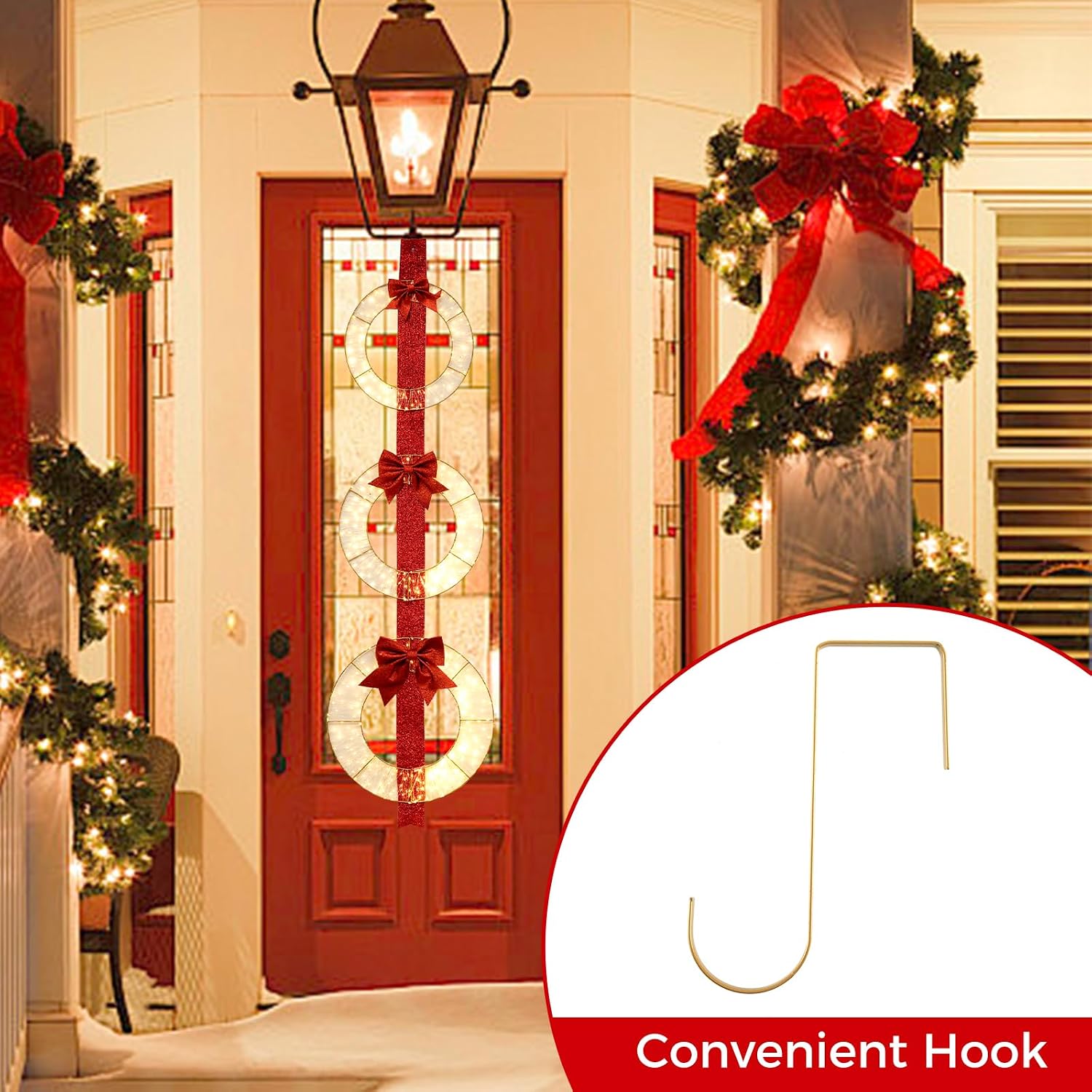 Tangkula Christmas Lighted Wreaths Set, Pre-Lit Front Door Xmas Decoration on Red Ribbon w/ 450 Warm White LED Lights & Bows, Indoor Outdoor Wreath Decoration for Doorway, Yard