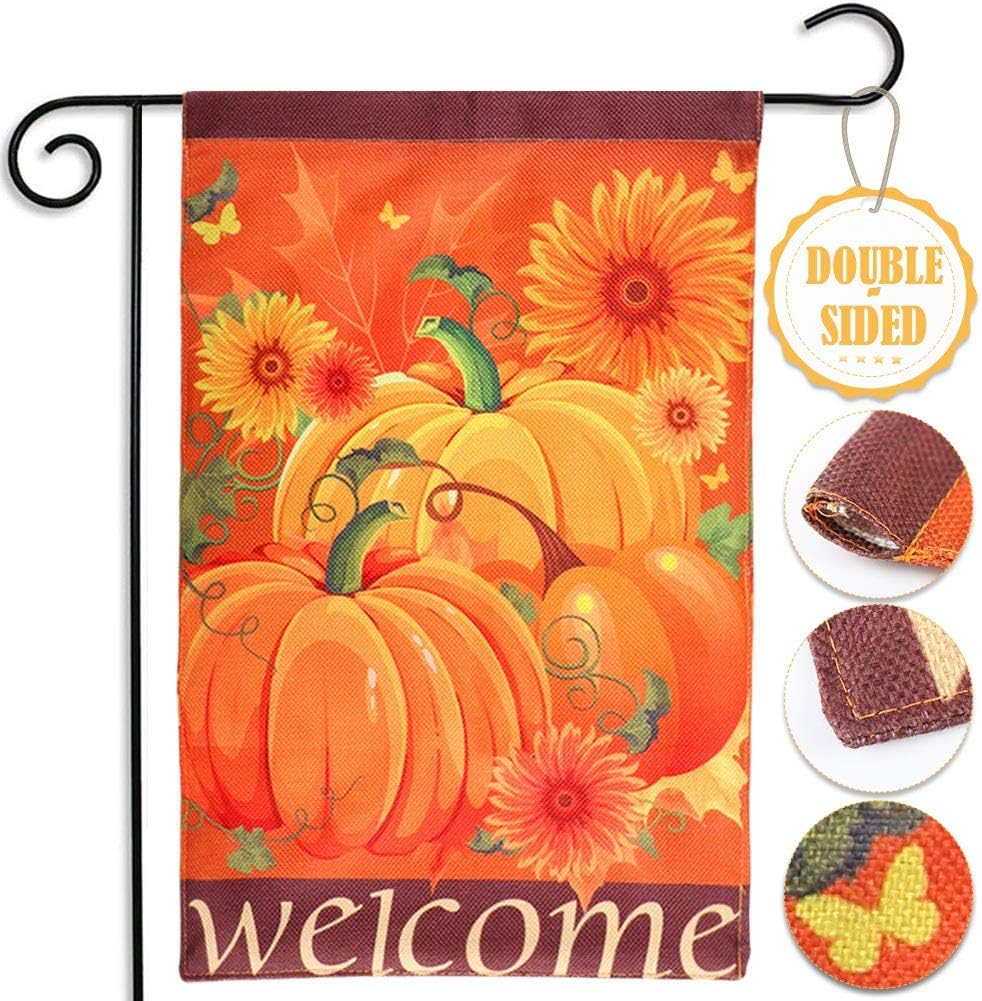AerWo Welcome Pumpkin Fall Garden Flag 12“×18”, Double-Sided Decorative Fall Autumn Harvest Yard Flag (Pumpkin, Sunflower & Welcome)