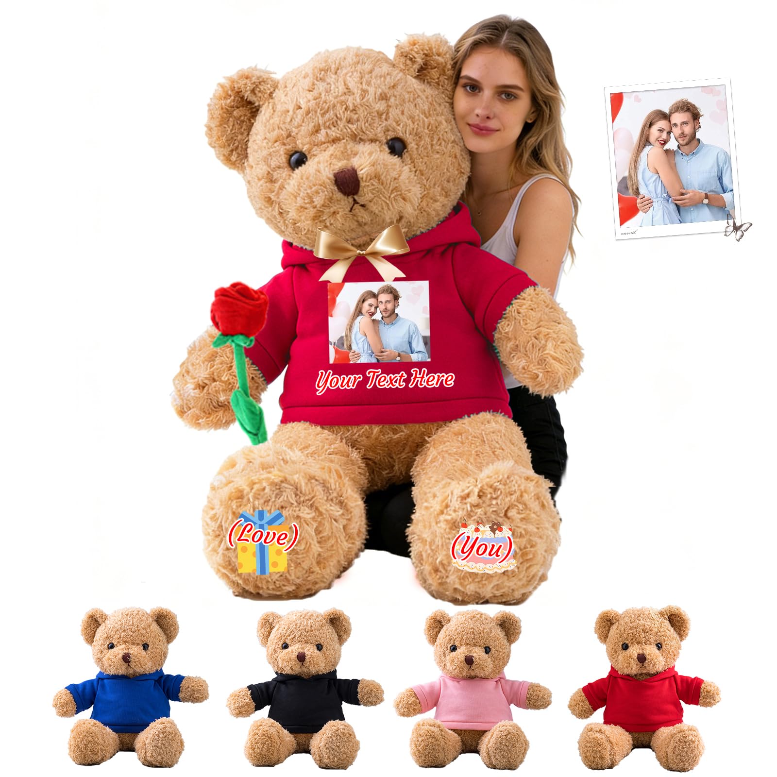 GOUFEISUN Personalised Giant Teddy Bear 20 inch to 48 inch, 1.7 Ft to 4 Ft Custom Big Teddy Bear Stuffed Animal with Photo Text as Personalised Gifts for Her Him on Christmas Birthday Valentines Day