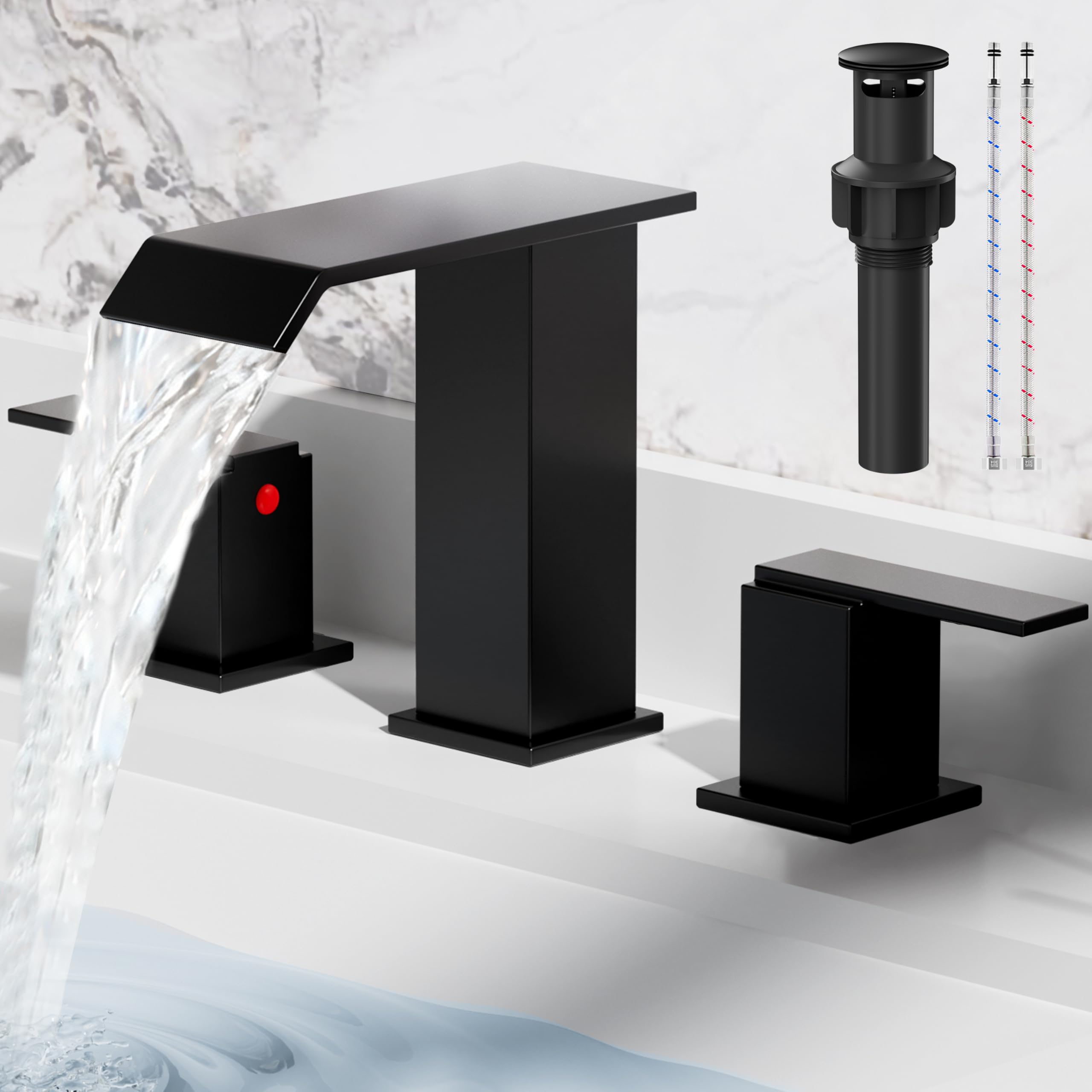 SSREEZNX Bathroom Faucets for Sink 3 Hole 8 Inch Waterfall Bathroom Faucet 3 Hole Widespread Bathroom Sink Faucet