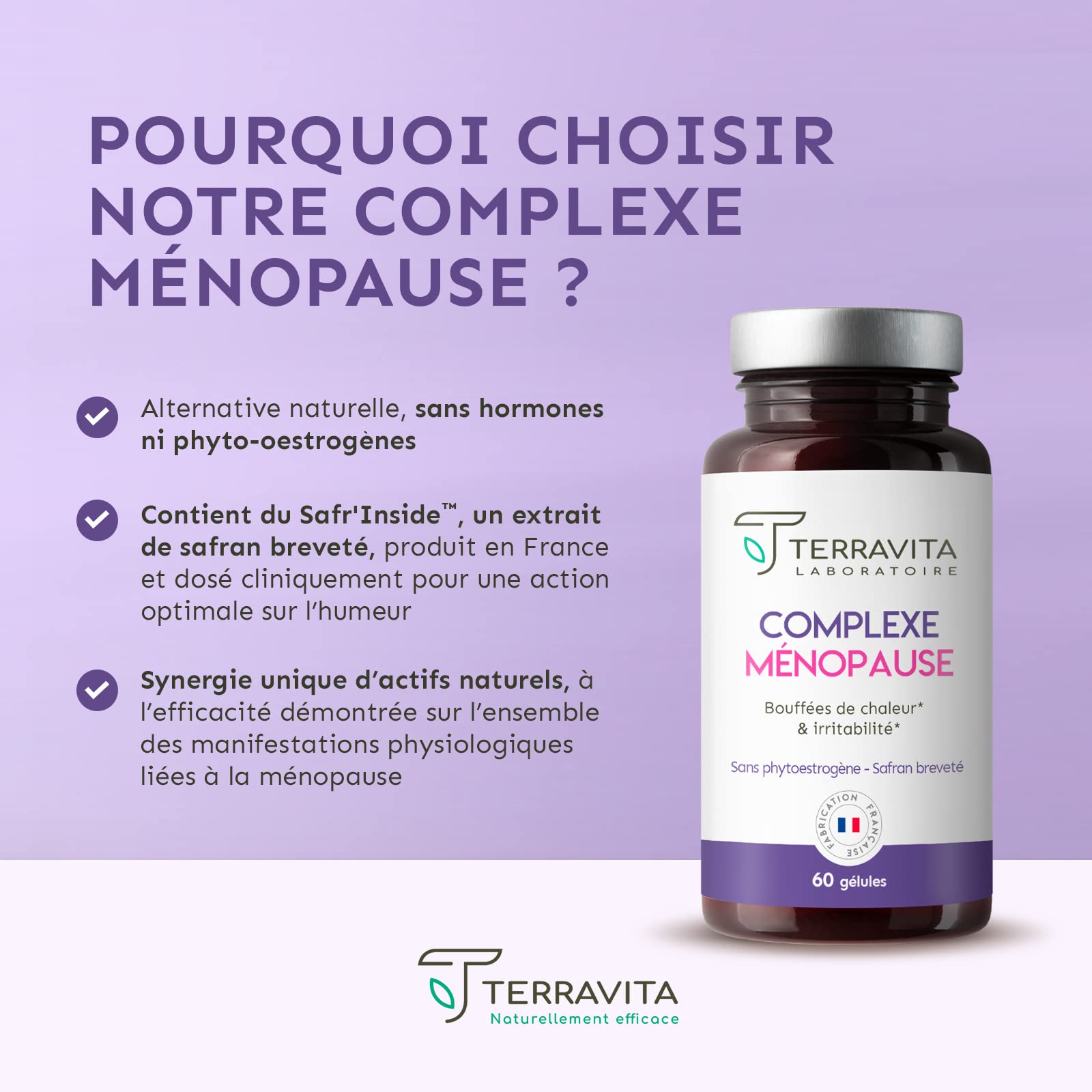 Complexe Ménopause | Sans Hormones | Avec Pollen et Safran Breveté | Bouffées de Chaleur, Fatigue, Stress et Variations d’Humeur | 60 Gélules | Made in France | Terravita