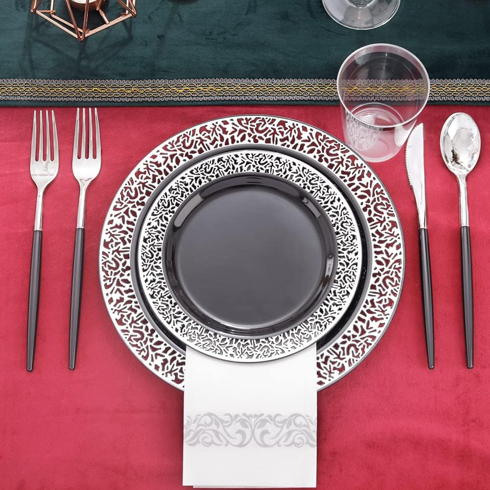 LIYH 350 Pcs Black and Silver Plastic Plates, Silver Plastic Dinnerware Set, Disposable Silverware, Black Plates with Napkins, Happy New Year Day Supplies for 50 Guests